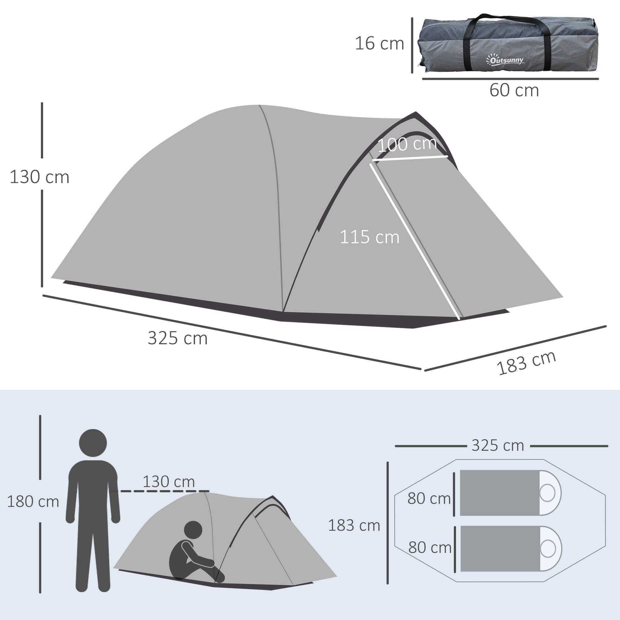 Camping Tent for 2-3 Persons Waterproof Lightweight Ventilated Dome Tent Easy to Assemble 2 Doors Windows Dimensions 3.25L x 1.83W x 1.3H m Fiberglass Polyester PE Gray