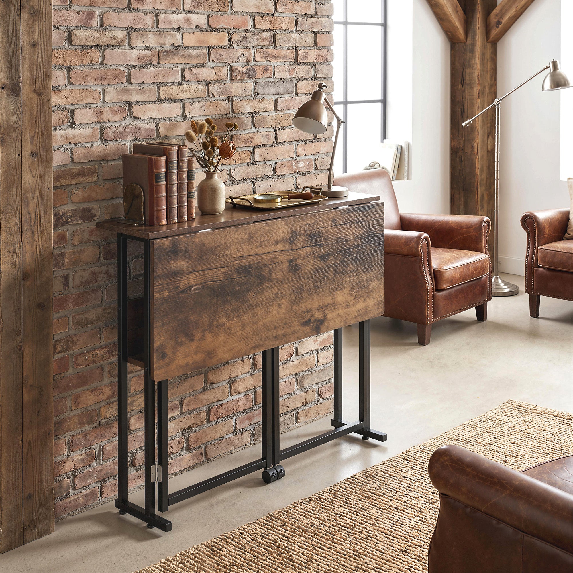 Folding Desk with Shelf, 31.5 in Computer Table for Small Spaces — Industrial Folding Desk on Wheels, Easy Assembly, Rustic Brown