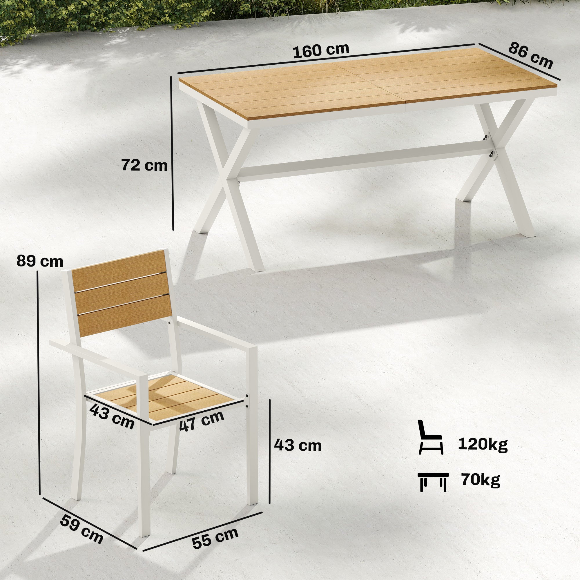 7-Piece Outdoor Dining Set — Rectangular Table with 6 Stackable Chairs, Teak-Effect Synthetic Wood Slats, Aluminum Frame, Space-Saving, Weather-Resistant