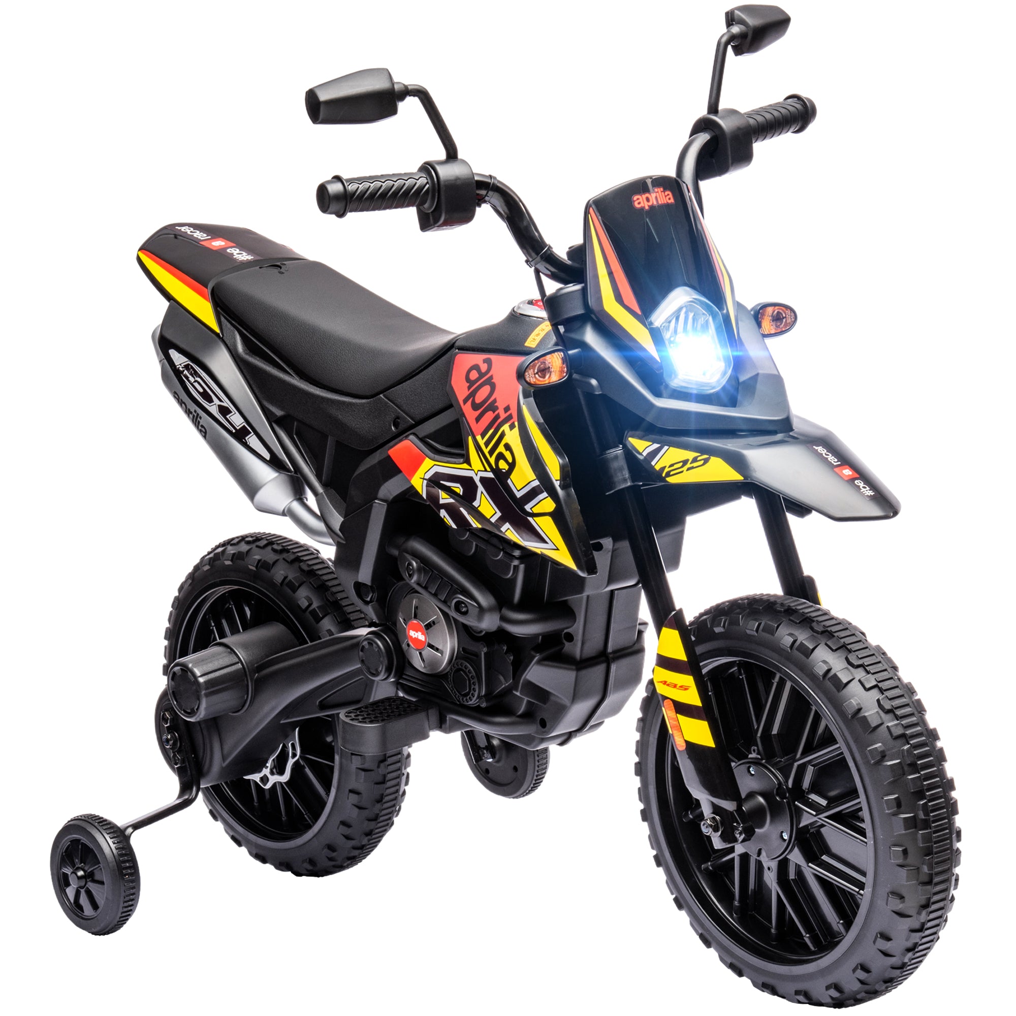Electric Kids Motorcycle Aprilia Electric Bike with USB, Training Wheels, Music, Headlights, Children 6 km/h Electric Bike with 2 Training Wheels for Kids 3-8 Years Yellow