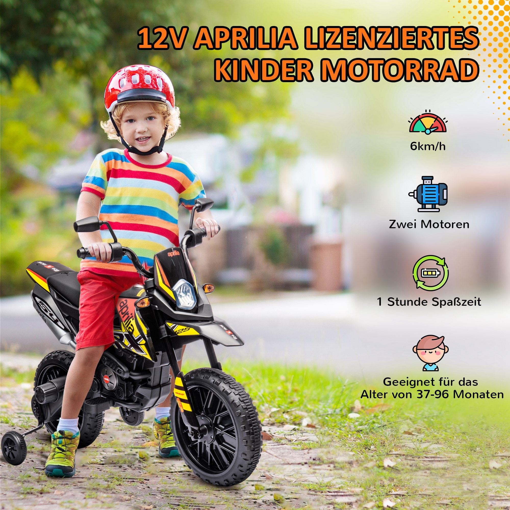 Electric Kids Motorcycle Aprilia Electric Bike with USB, Training Wheels, Music, Headlights, Children 6 km/h Electric Bike with 2 Training Wheels for Kids 3-8 Years Yellow