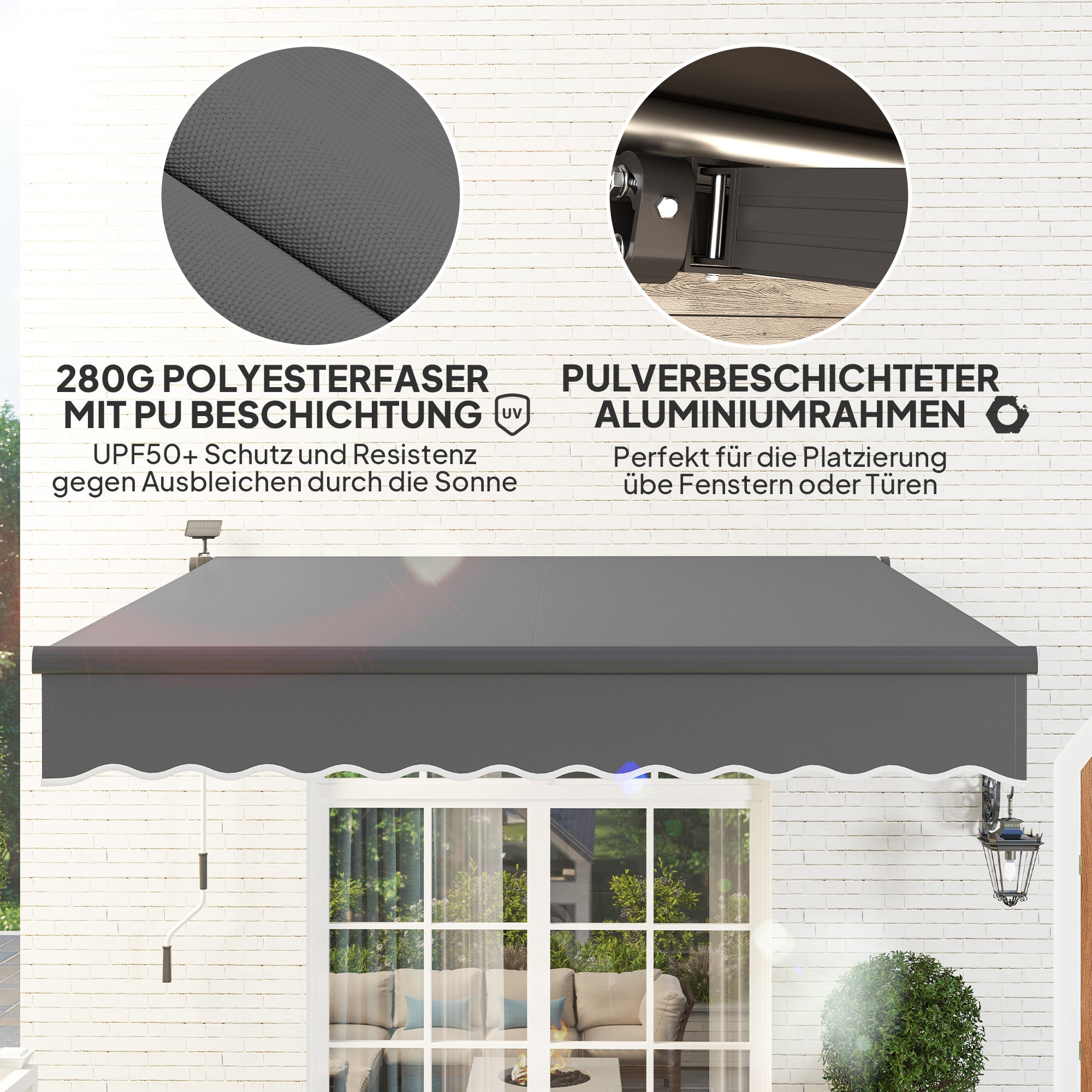 Clamp Awning with Hand Crank Solar Lighted Retractable Awning Awning Sun Protection UV 50+, Balcony Awning incl. Wall Mounting Sun Awning 300 cm wide for Terrace Balcony Porch, Gray