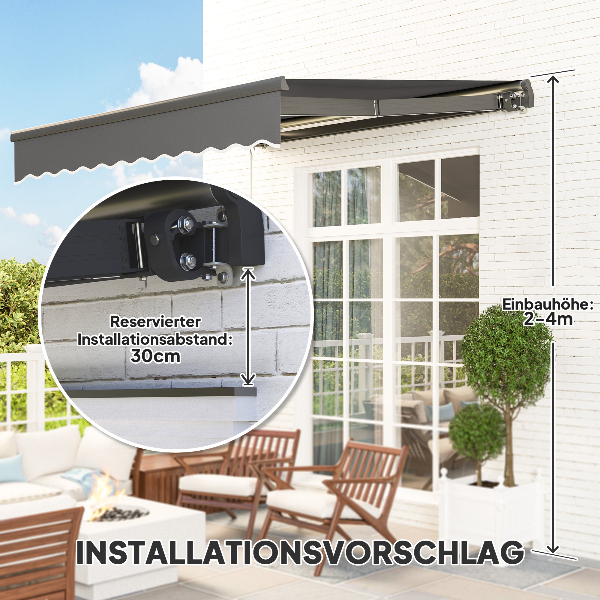 Clamp Awning with Hand Crank Solar Lighted Retractable Awning Awning Sun Protection UV 50+, Balcony Awning incl. Wall Mounting Sun Awning 300 cm wide for Terrace Balcony Porch, Gray
