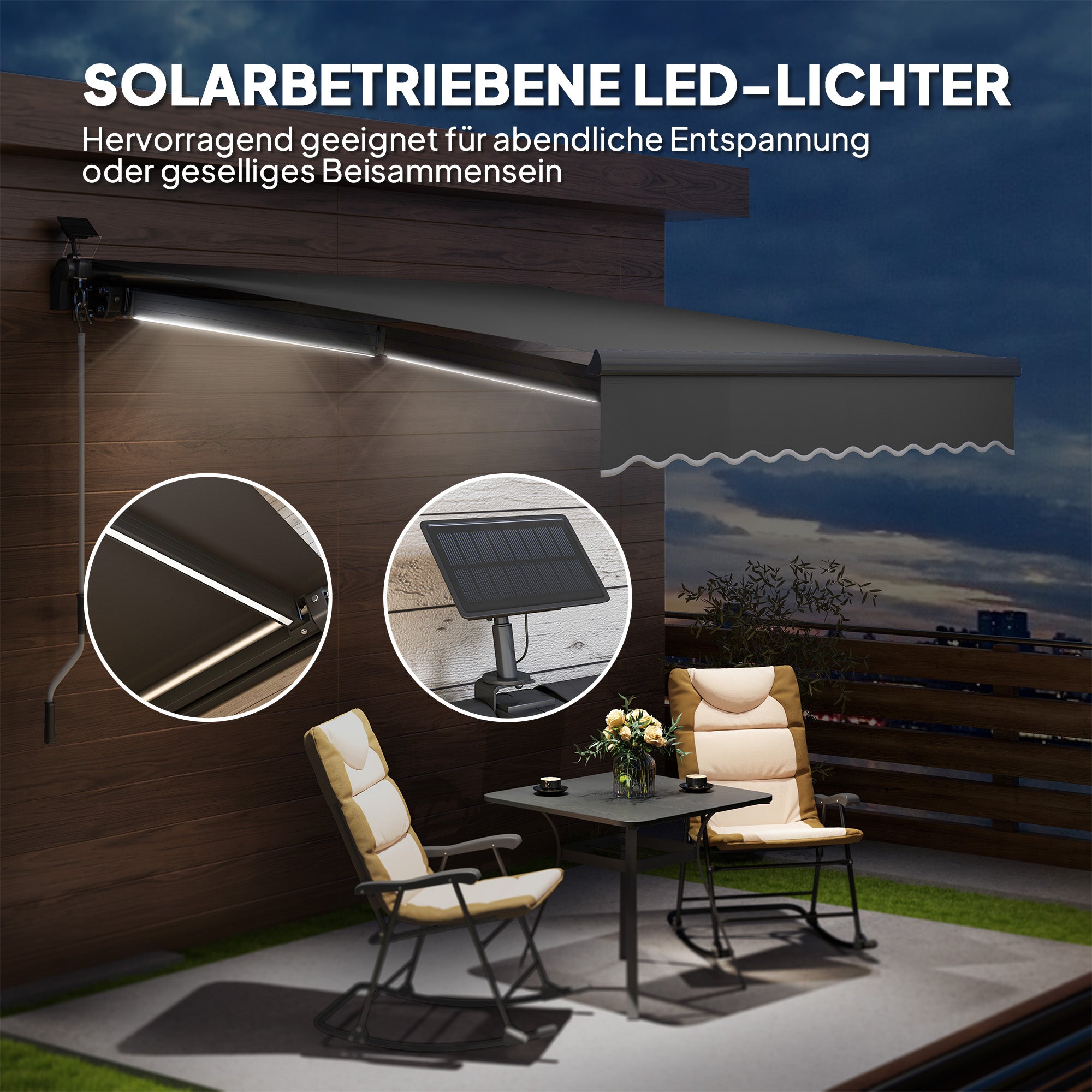 Clamp Awning with Hand Crank Solar Lighted Retractable Awning Awning Sun Protection UV 50+, Balcony Awning incl. Wall Mounting Sun Awning 300 cm wide for Terrace Balcony Porch, Gray