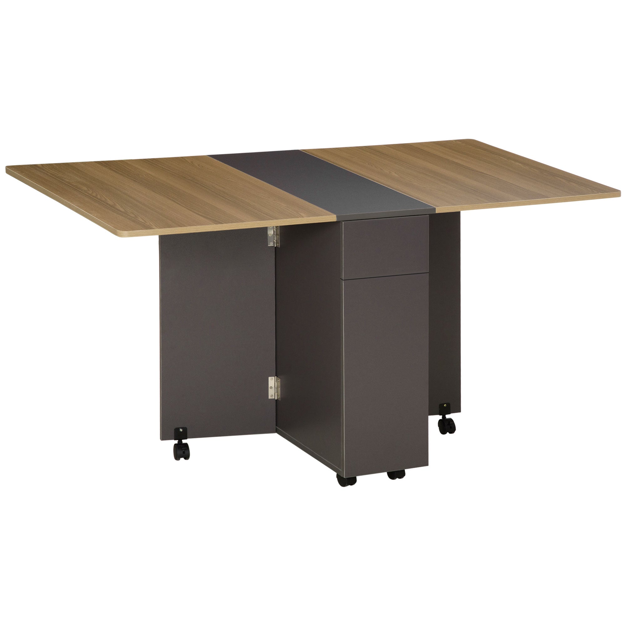 Folding dining table on wheels with storage 2 drawers and 1 cupboard 76 x 140 x 74 cm grey and natural wood
