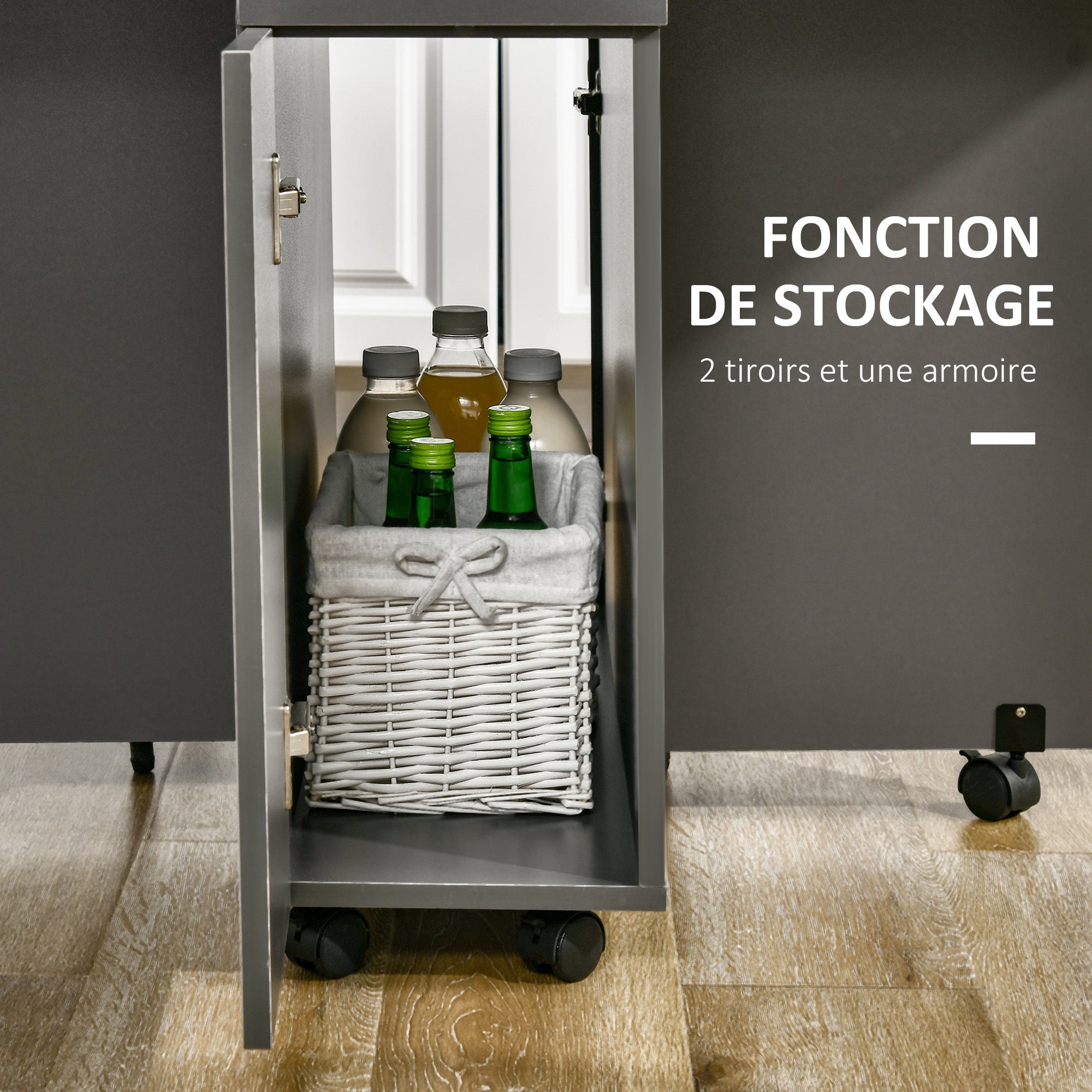 Folding dining table on wheels with storage 2 drawers and 1 cupboard 76 x 140 x 74 cm grey and natural wood