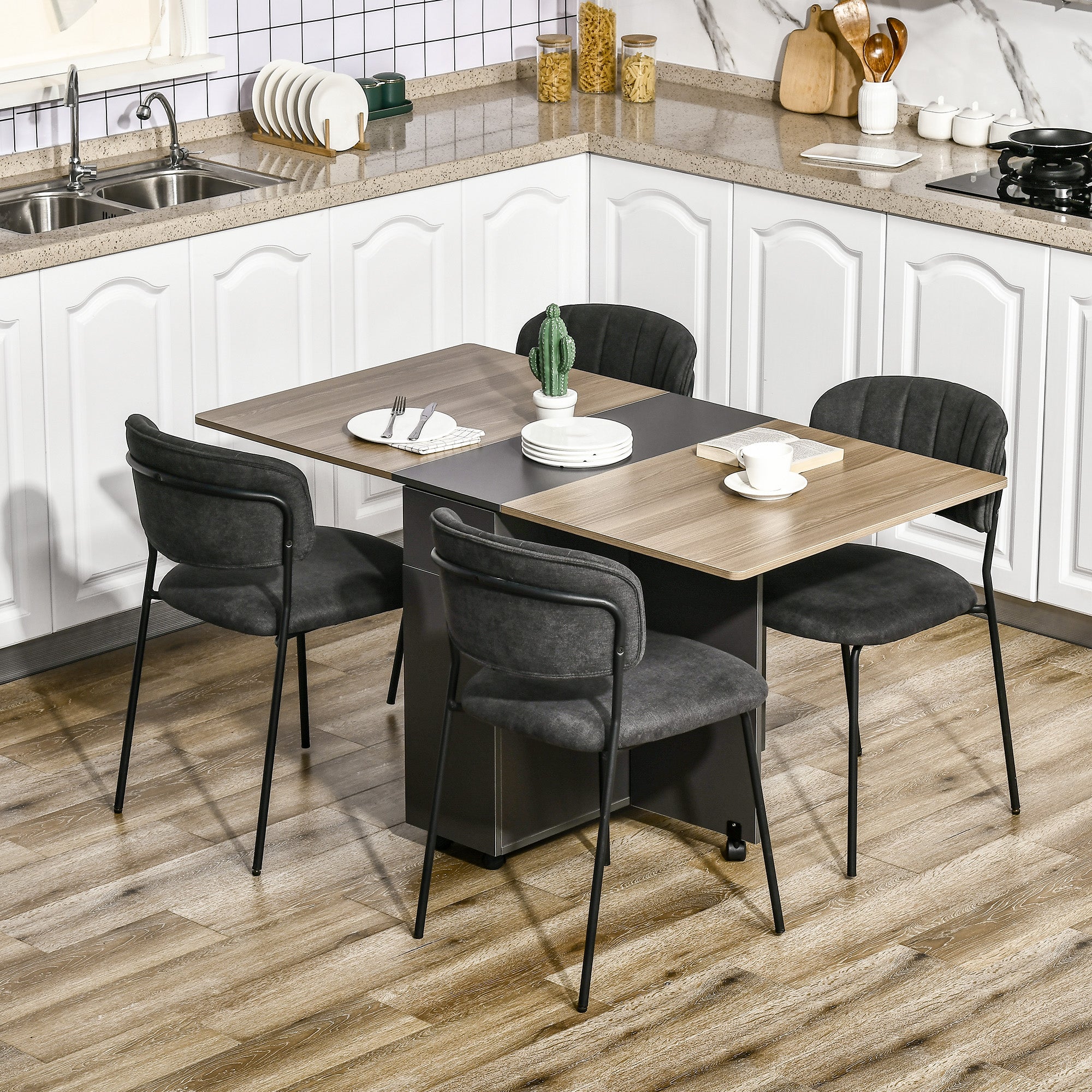 Folding dining table on wheels with storage 2 drawers and 1 cupboard 76 x 140 x 74 cm grey and natural wood