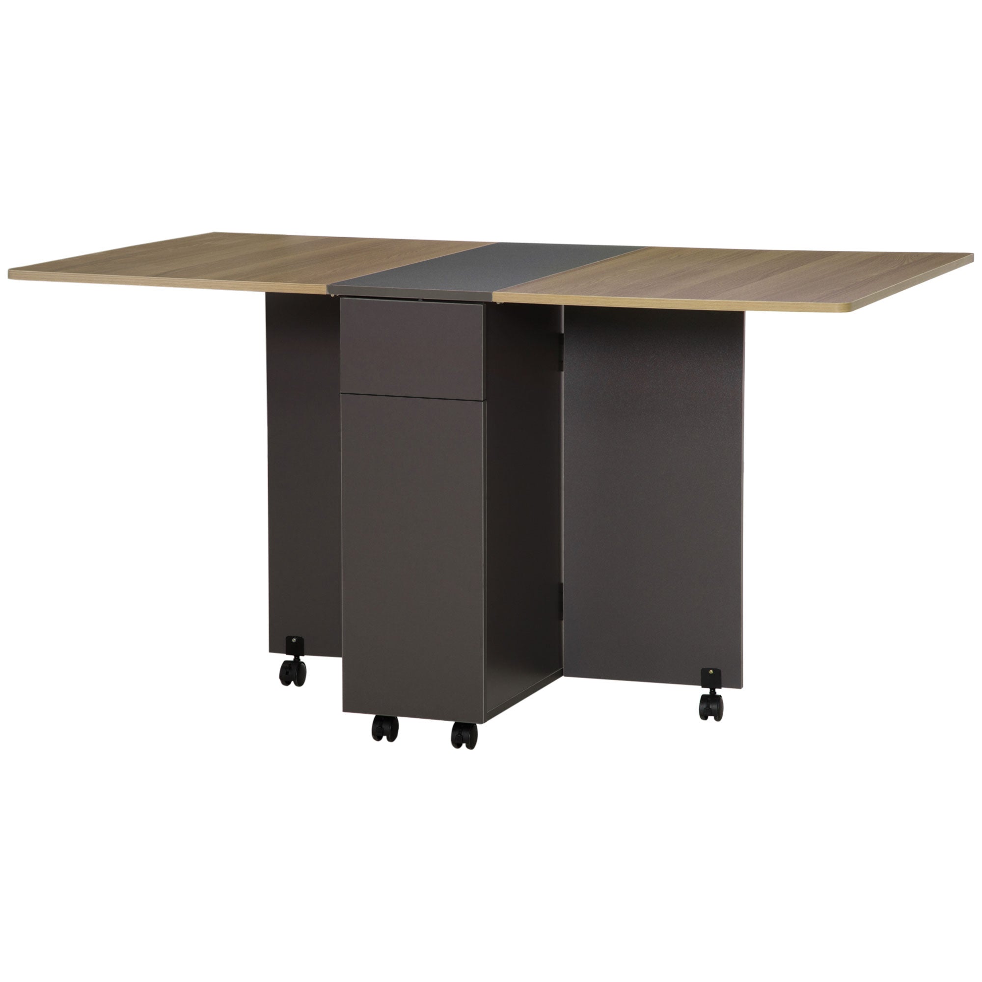 Folding dining table on wheels with storage 2 drawers and 1 cupboard 76 x 140 x 74 cm grey and natural wood