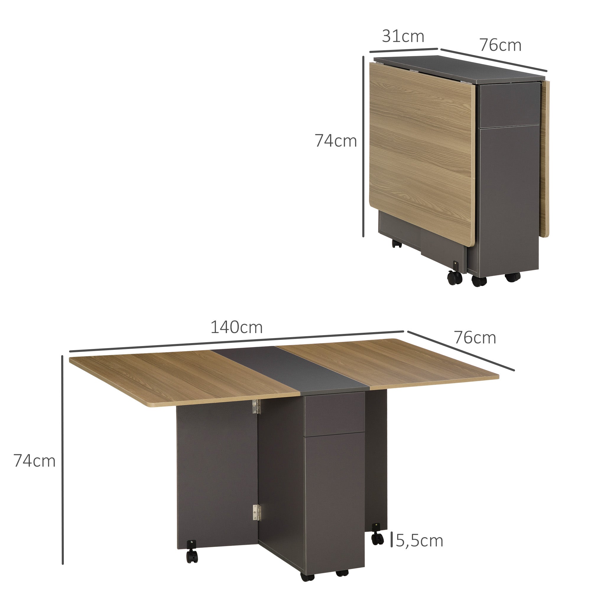 Folding dining table on wheels with storage 2 drawers and 1 cupboard 76 x 140 x 74 cm grey and natural wood