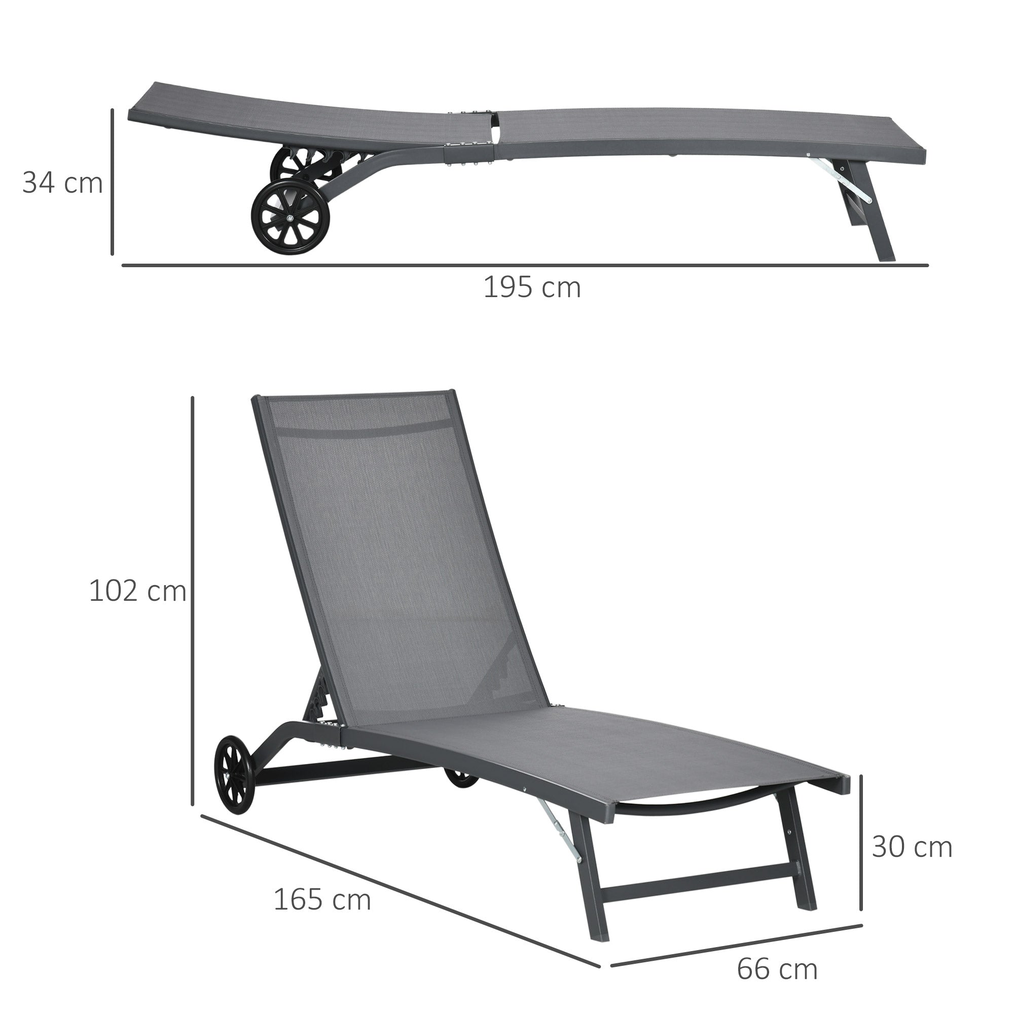 Pack of 2 Outdoor Garden Loungers Reclining Aluminum Loungers with Adjustable 5 Levels Backrest and Wheels for Beach Pool 165x66x102 cm Dark Gray