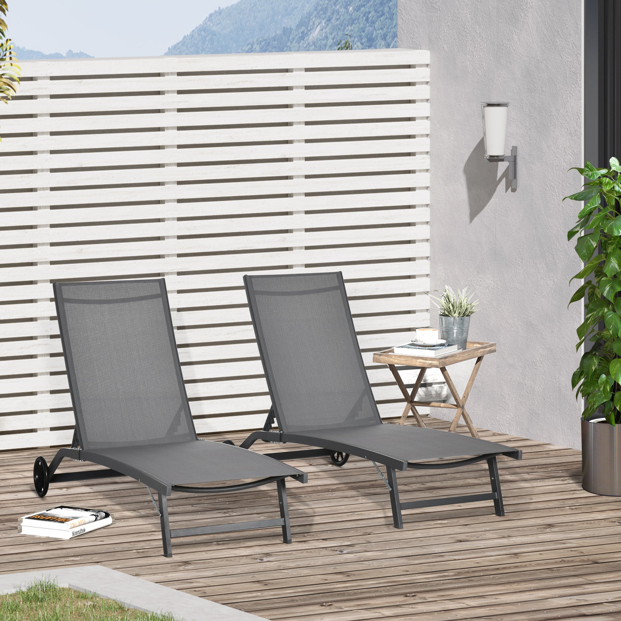 Pack of 2 Outdoor Garden Loungers Reclining Aluminum Loungers with Adjustable 5 Levels Backrest and Wheels for Beach Pool 165x66x102 cm Dark Gray