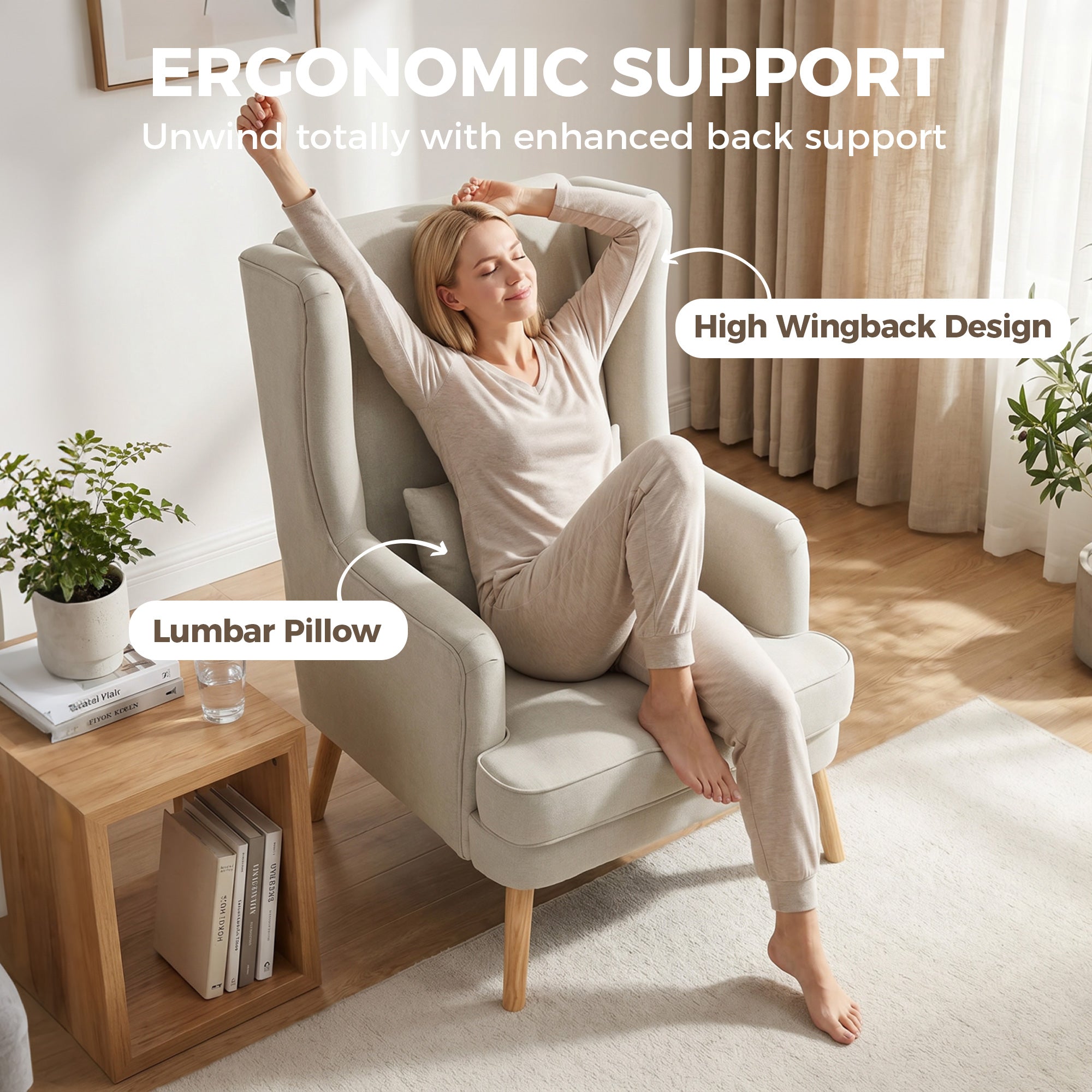 Wing Armchair with Lumbar Pillow — High-Back, Wide Seat, Linen-Look Scandinavian Lounge Chair for Living Room & Bedroom, Beige
