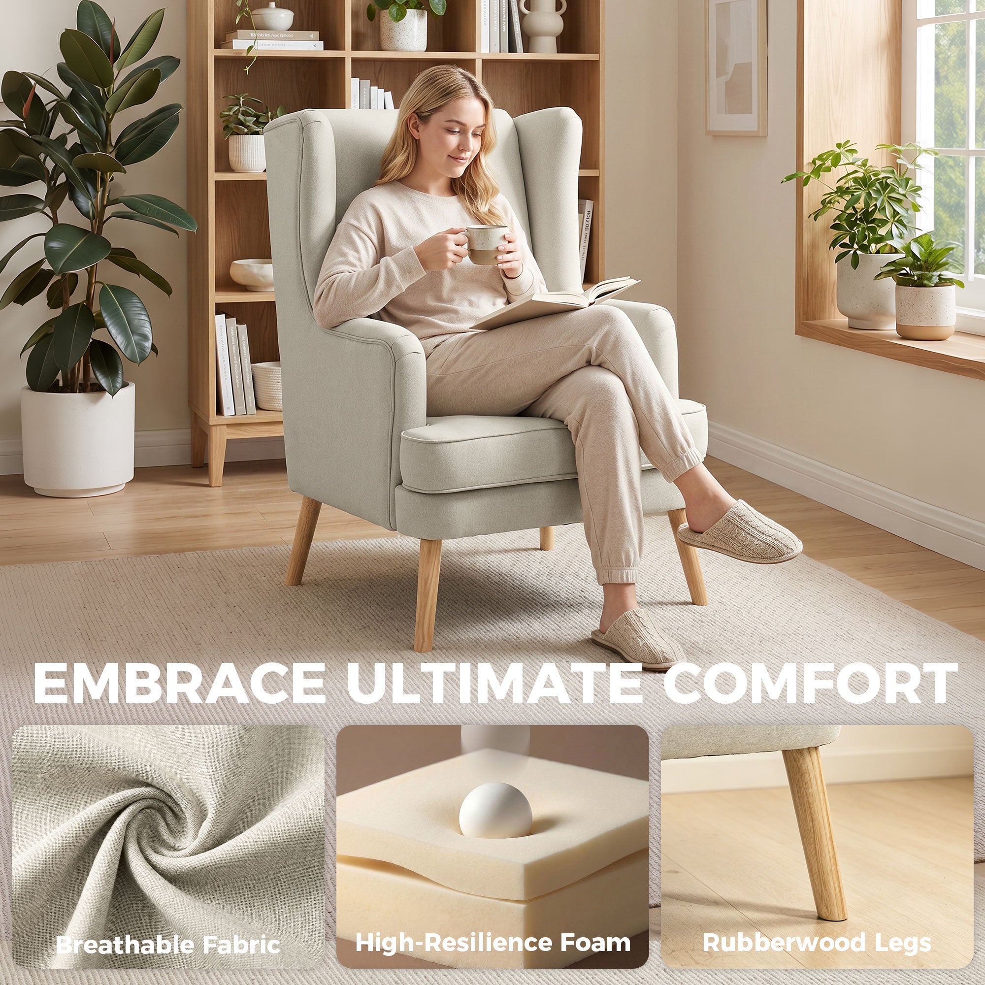 Wing Armchair with Lumbar Pillow — High-Back, Wide Seat, Linen-Look Scandinavian Lounge Chair for Living Room & Bedroom, Beige