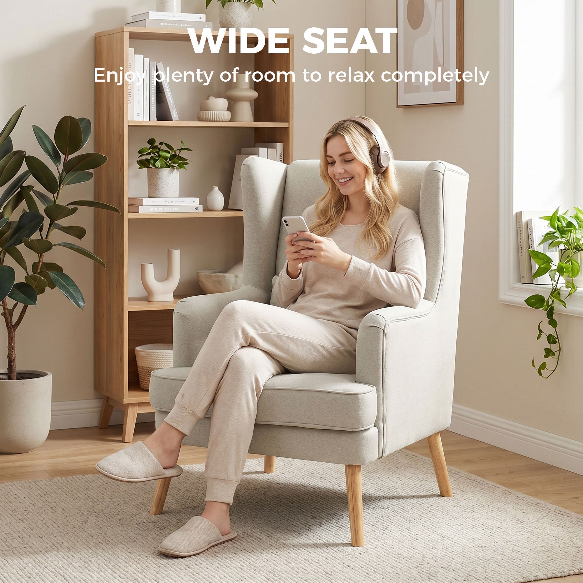 Wing Armchair with Lumbar Pillow — High-Back, Wide Seat, Linen-Look Scandinavian Lounge Chair for Living Room & Bedroom, Beige