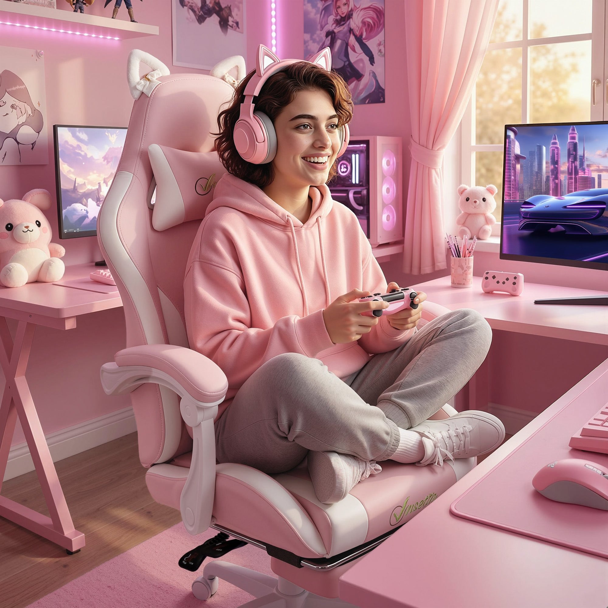 Pink Cat-Ears Ergonomic Gaming Chair — PU Leather Recliner with Footrest, Removable Headrest & Lumbar Support