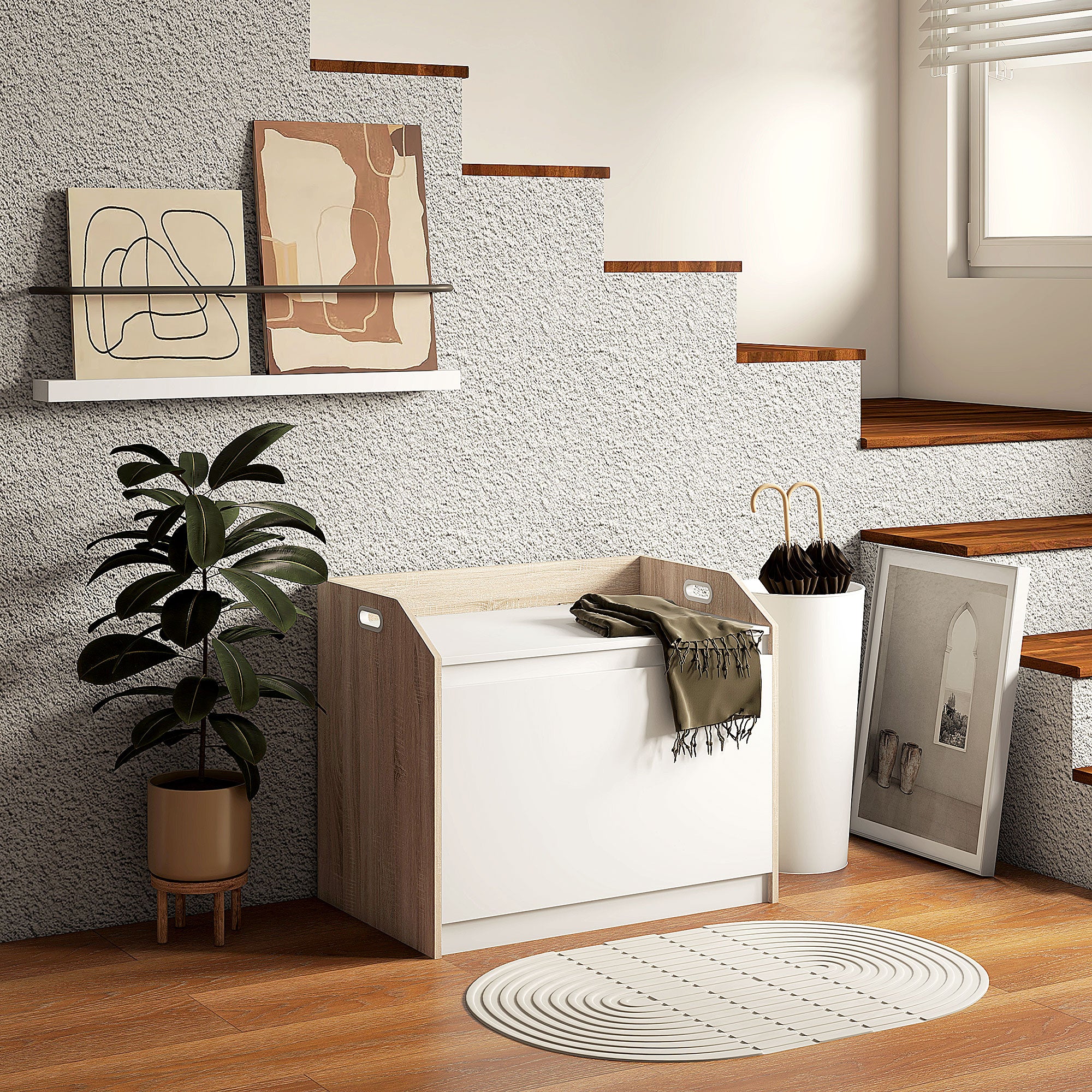Modern Wooden Storage Bench with Backrest, Entryway and Bedroom Bench with Storage, 62.4x40x51.5cm