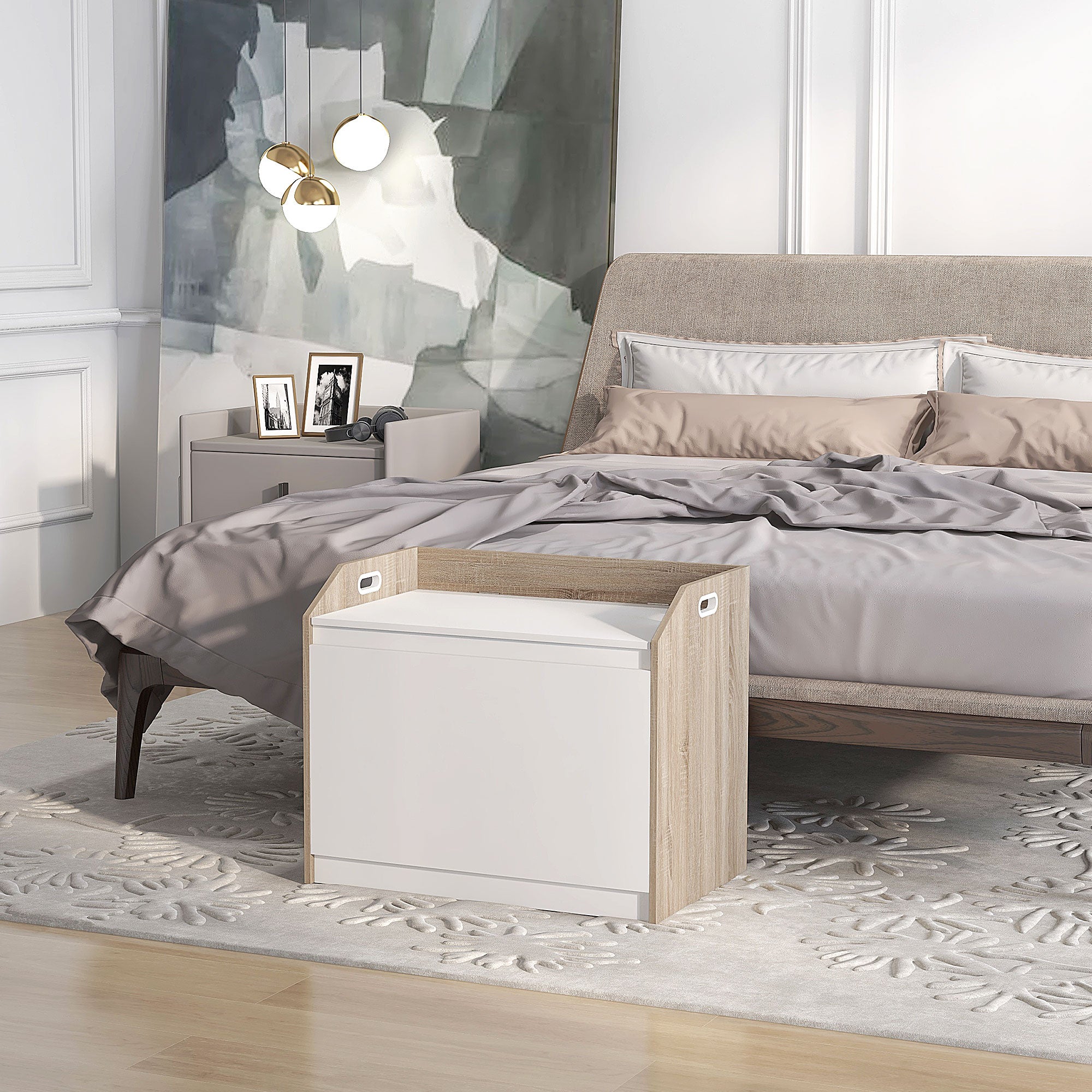 Modern Wooden Storage Bench with Backrest, Entryway and Bedroom Bench with Storage, 62.4x40x51.5cm