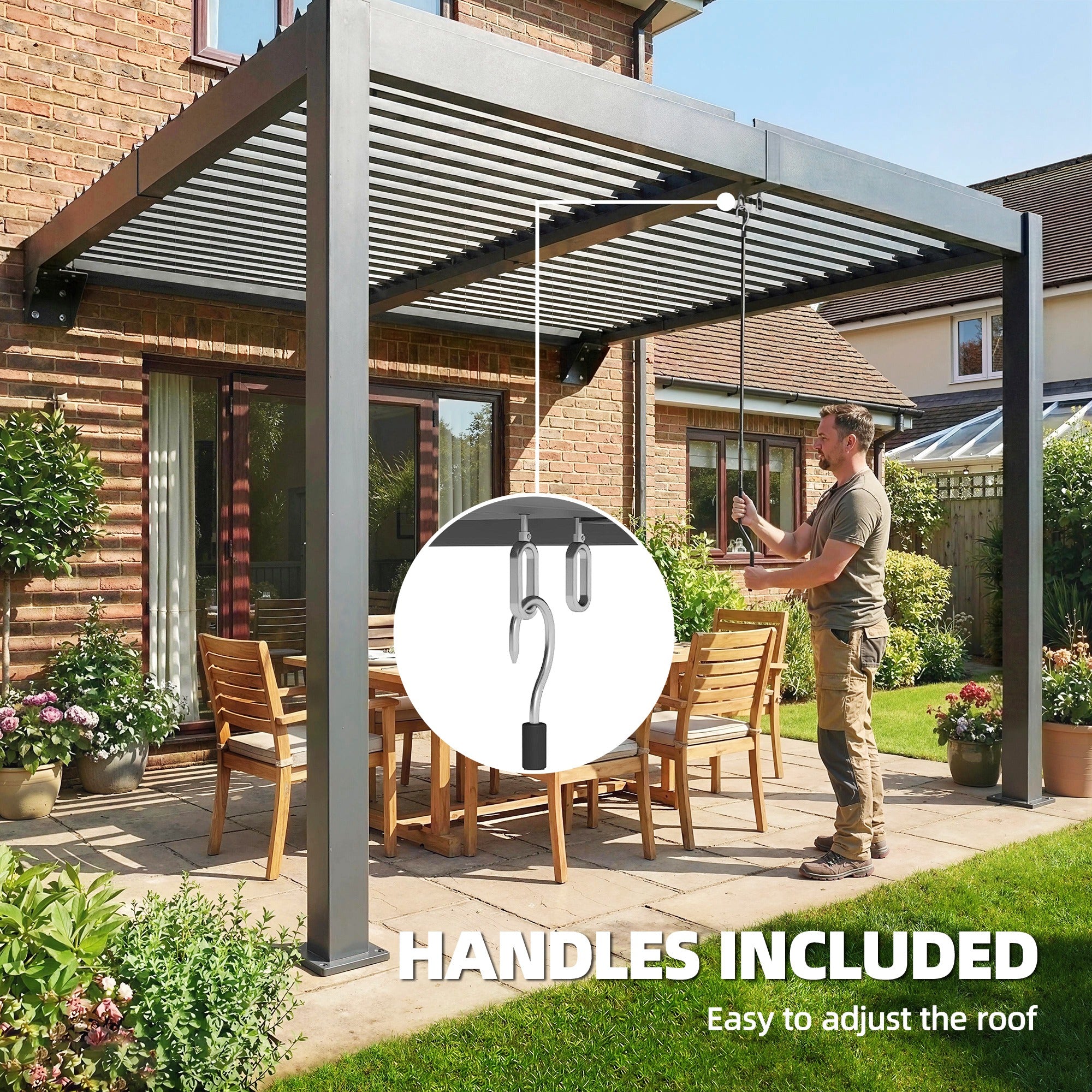 Approx. 3 x 3 m Aluminum Wall-Mounted Louvered Pergola — Adjustable Slatted Roof, Weatherproof, Stable Patio Canopy, Garden Pavilion, Dark Gray