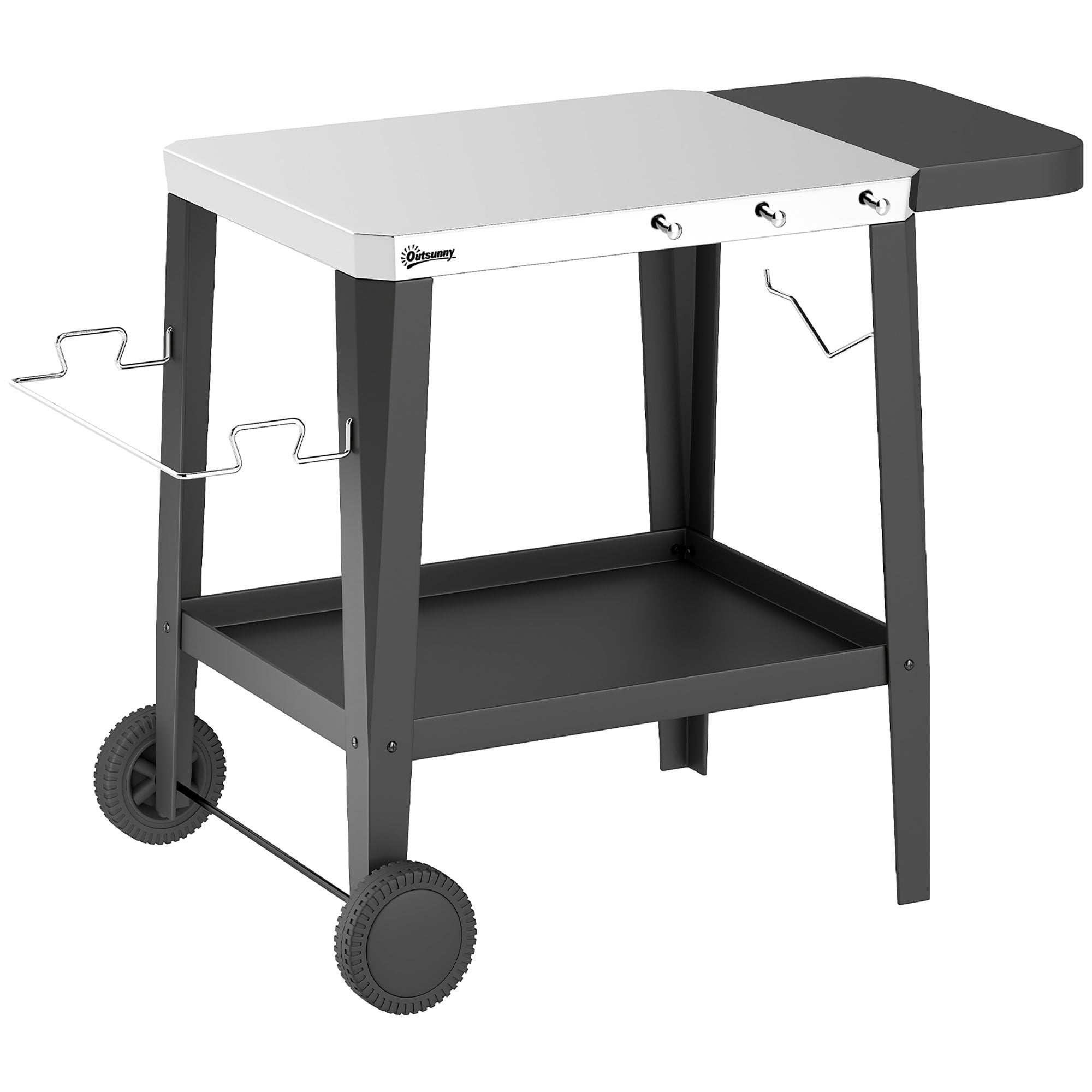Stainless Steel Kitchen & BBQ Cart with Wheels, Foldable Side Table, Paper Towel & Towel Holder, Hooks — Black (45.3" x 26.6" x 31.7")