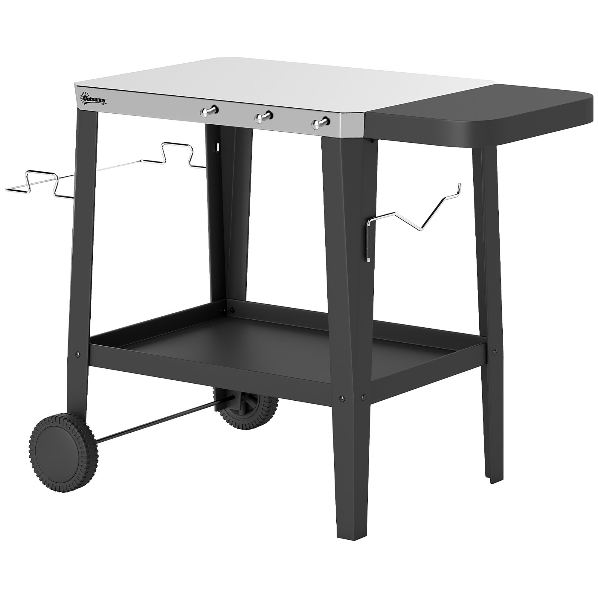 Stainless Steel Kitchen & BBQ Cart with Wheels, Foldable Side Table, Paper Towel & Towel Holder, Hooks — Black (45.3" x 26.6" x 31.7")