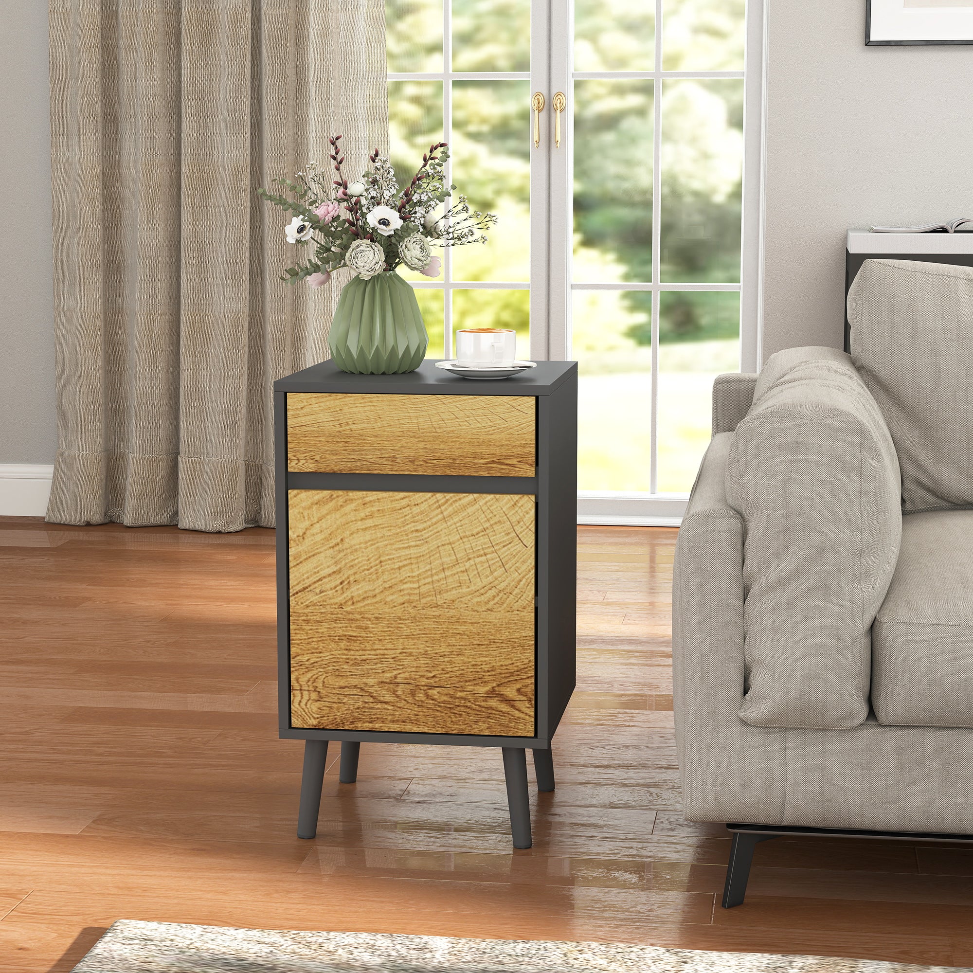 Bedroom Bedside Table with Drawer and Cabinet with Adjustable Shelf, Modern Handleless Multipurpose Living Room Table, Dark Grey and Wood