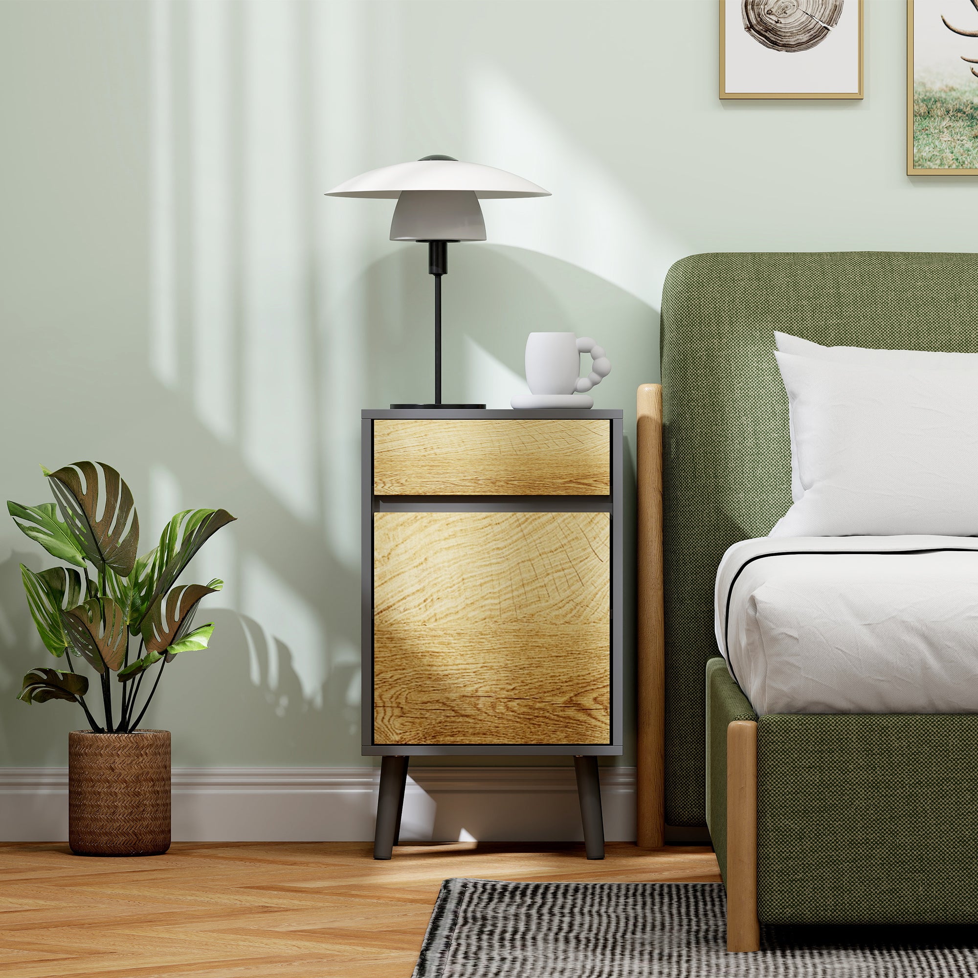 Bedroom Bedside Table with Drawer and Cabinet with Adjustable Shelf, Modern Handleless Multipurpose Living Room Table, Dark Grey and Wood