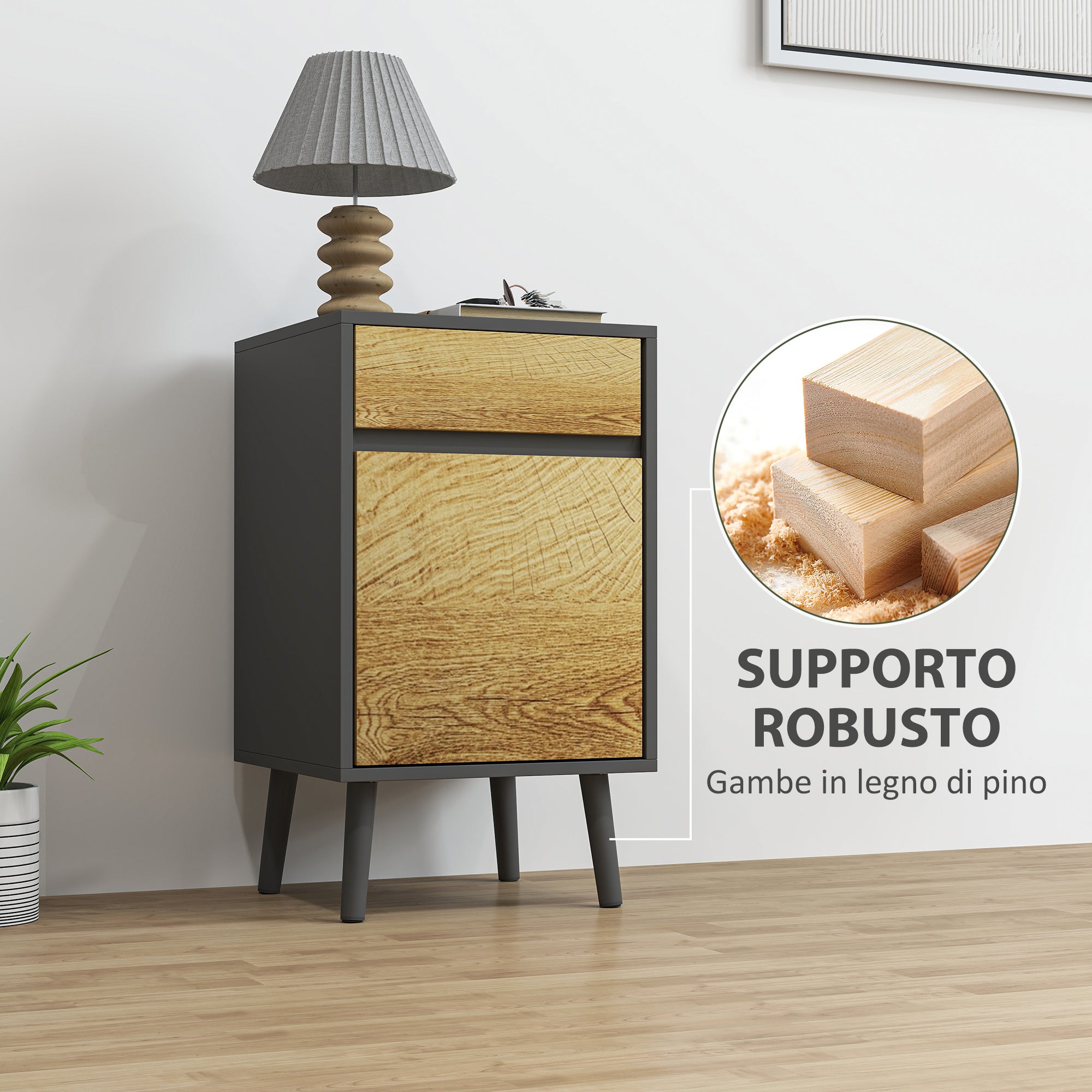 Bedroom Bedside Table with Drawer and Cabinet with Adjustable Shelf, Modern Handleless Multipurpose Living Room Table, Dark Grey and Wood