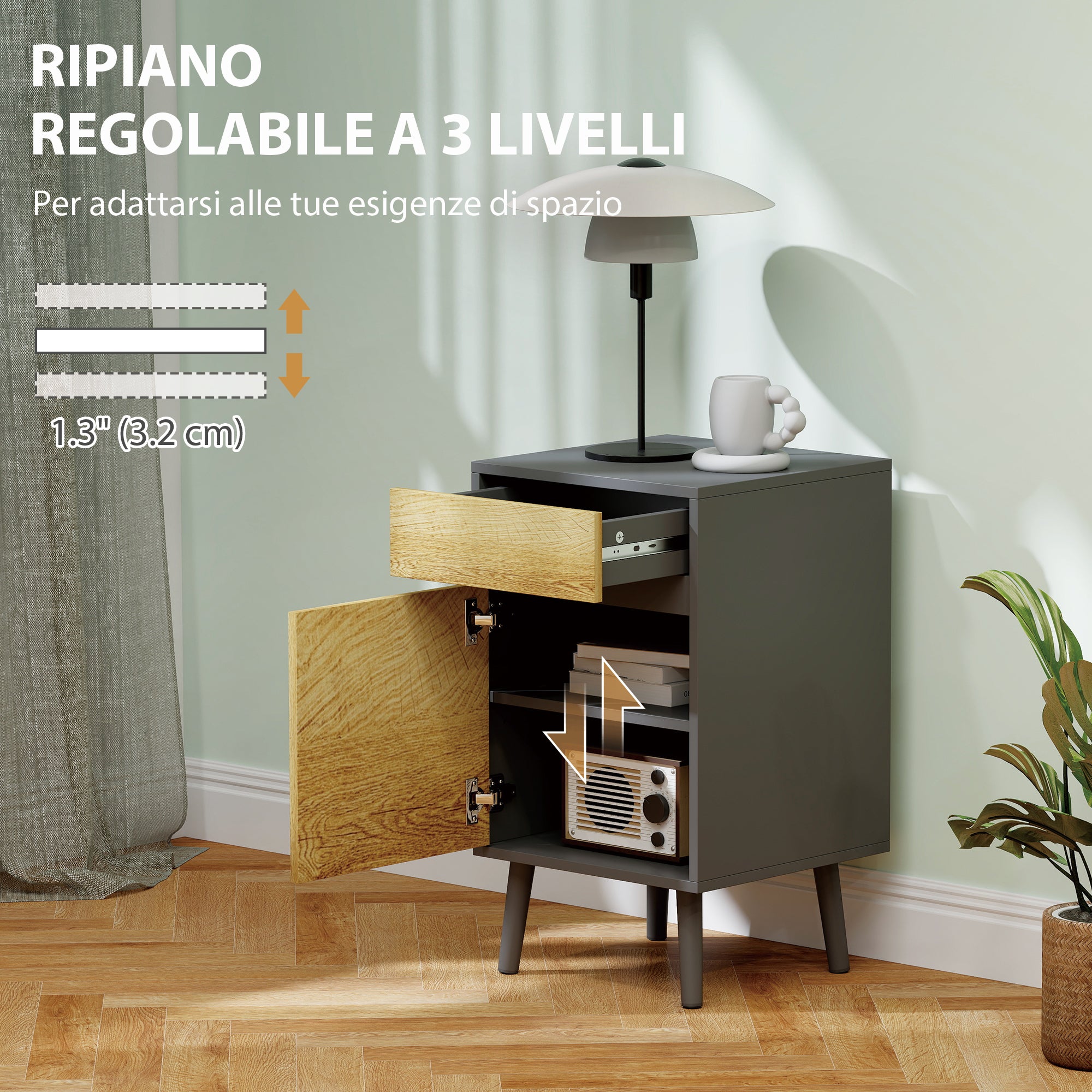 Bedroom Bedside Table with Drawer and Cabinet with Adjustable Shelf, Modern Handleless Multipurpose Living Room Table, Dark Grey and Wood