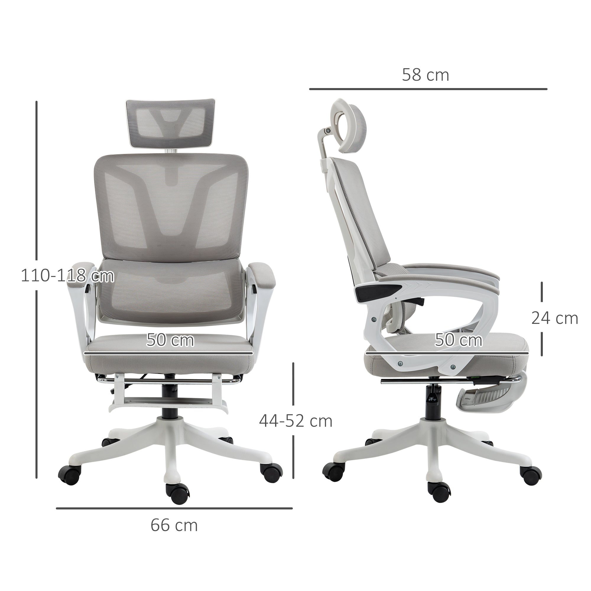 Office Chair, Ergonomic Chair, Swivel, Adjustable Height, Reclining Backrest, Adjustable Footrest, Headrest, Lumbar Support, Mesh Fabric, Gray