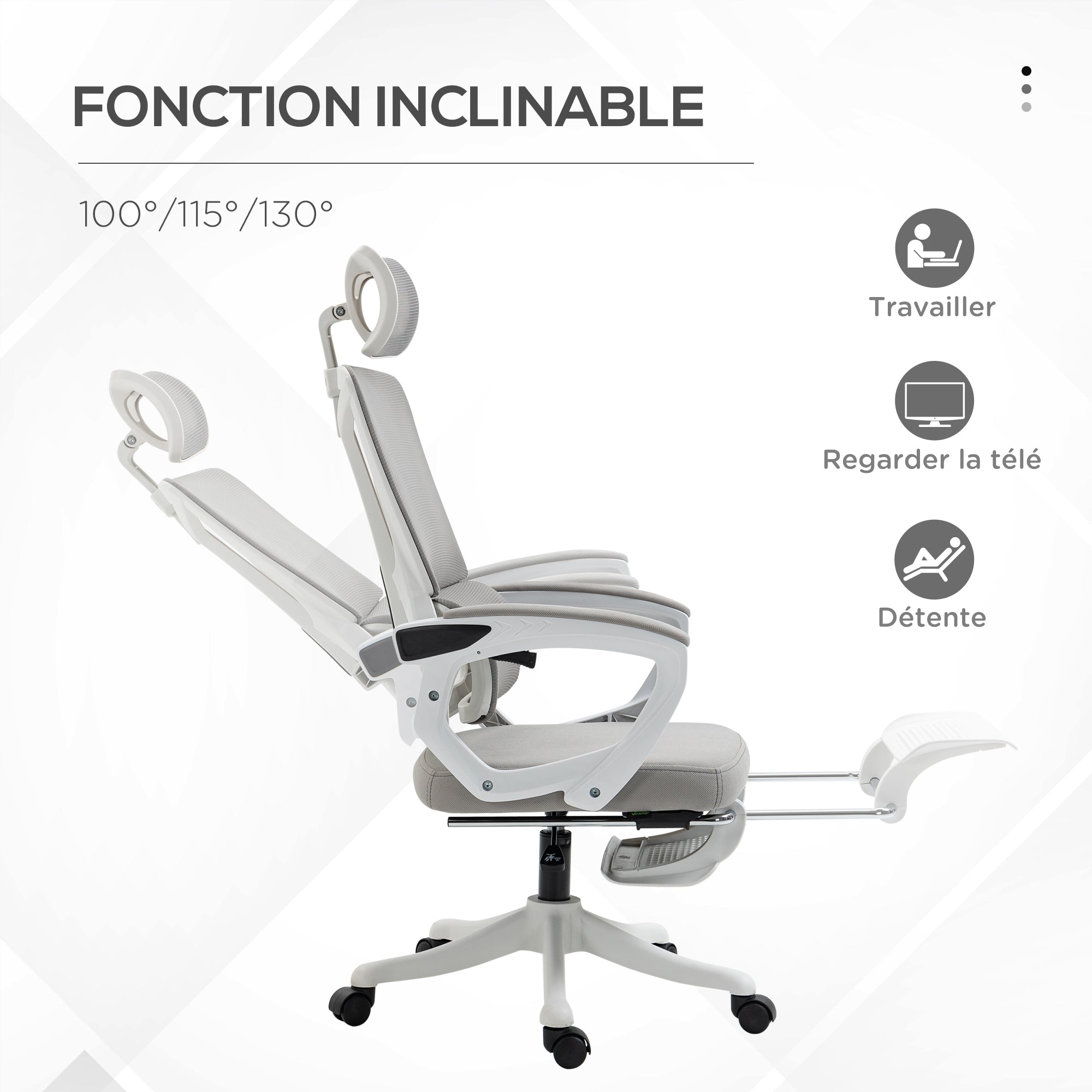 Office Chair, Ergonomic Chair, Swivel, Adjustable Height, Reclining Backrest, Adjustable Footrest, Headrest, Lumbar Support, Mesh Fabric, Gray