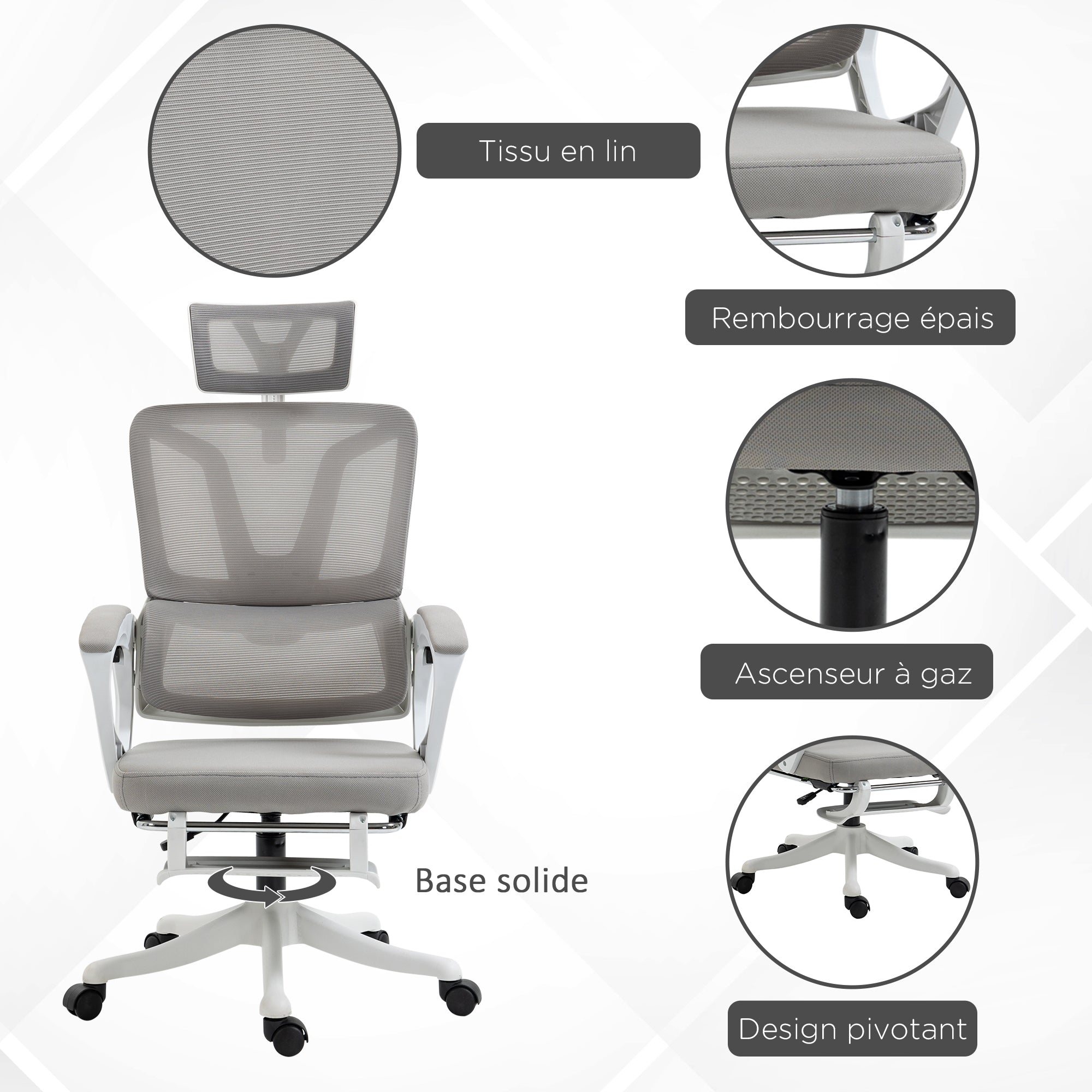 Office Chair, Ergonomic Chair, Swivel, Adjustable Height, Reclining Backrest, Adjustable Footrest, Headrest, Lumbar Support, Mesh Fabric, Gray