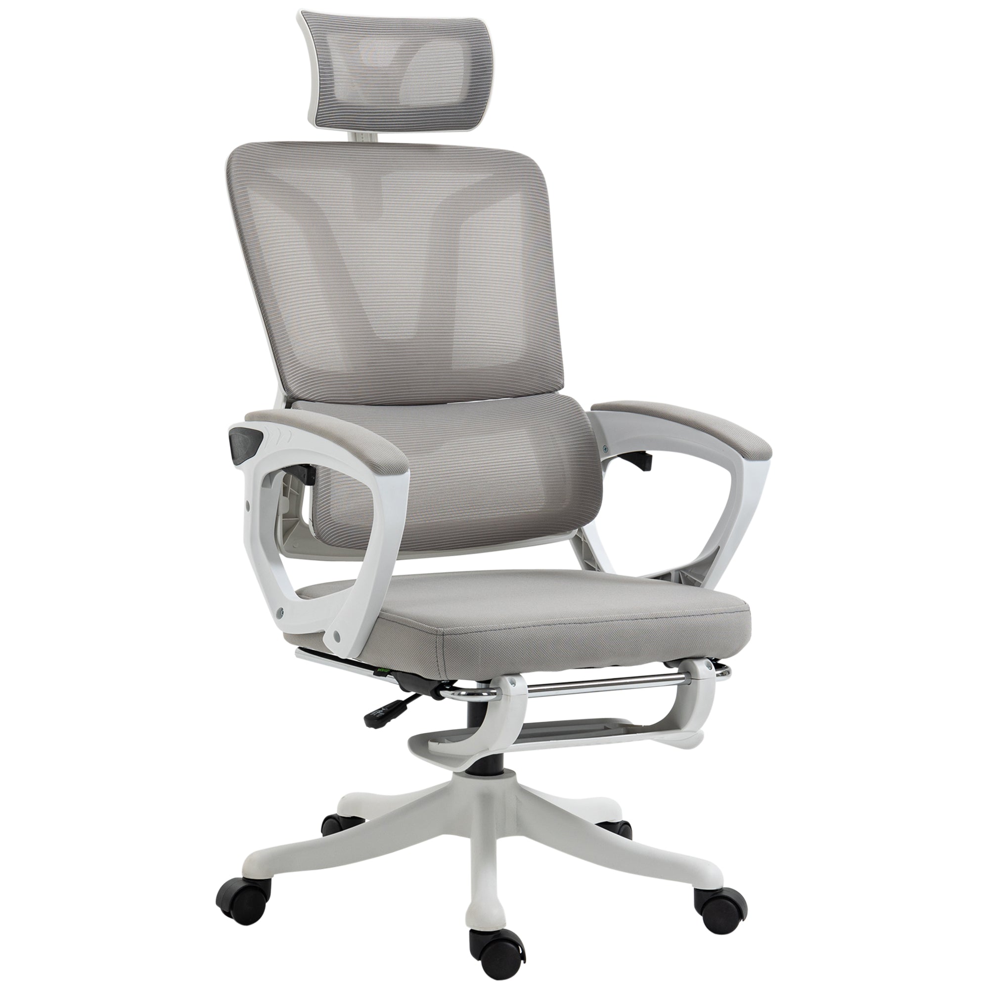 Office Chair, Ergonomic Chair, Swivel, Adjustable Height, Reclining Backrest, Adjustable Footrest, Headrest, Lumbar Support, Mesh Fabric, Gray