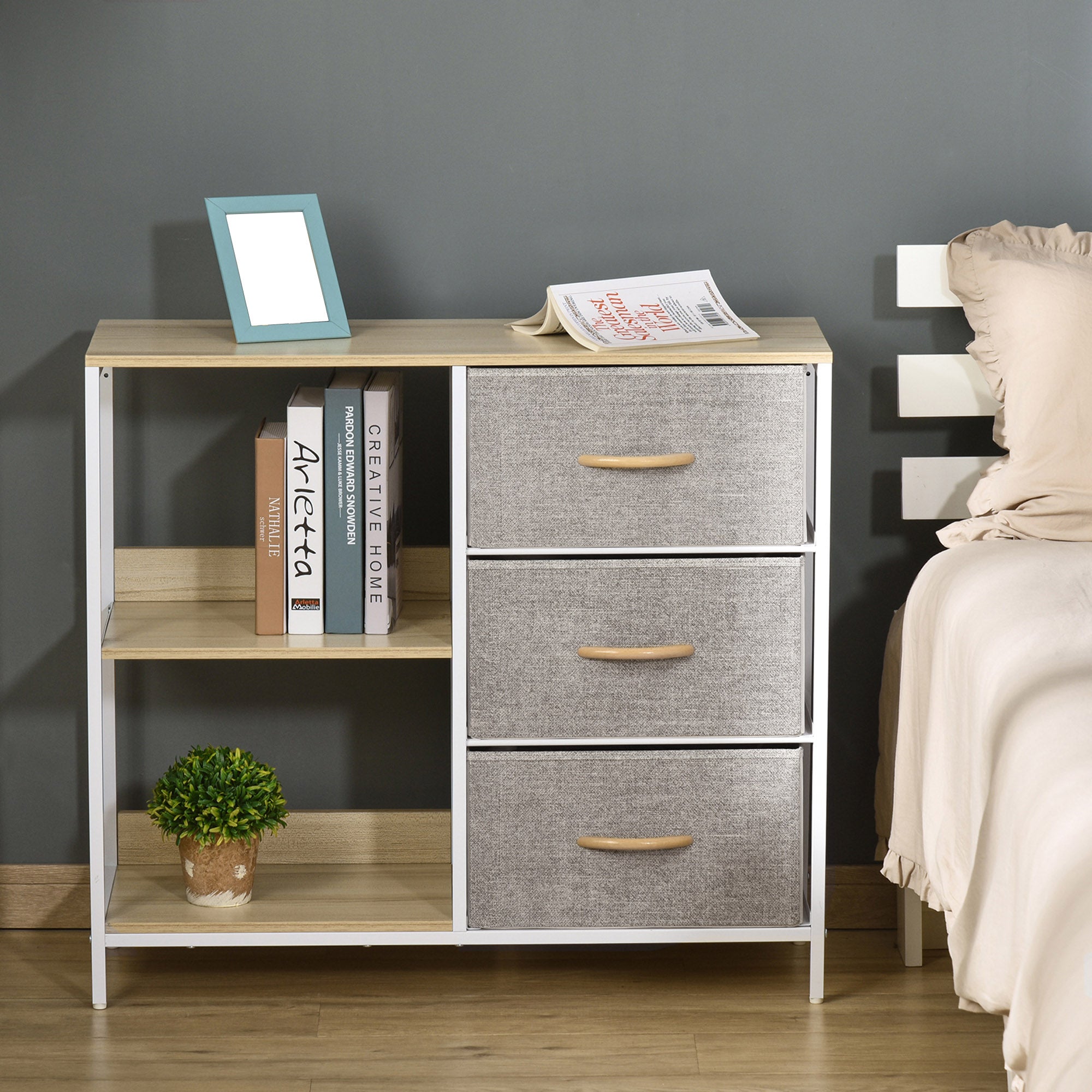Chest of drawers with 3 removable fabric drawers, 2 shelves, and 1 large tabletop - 80 x 29 x 71 cm - beige