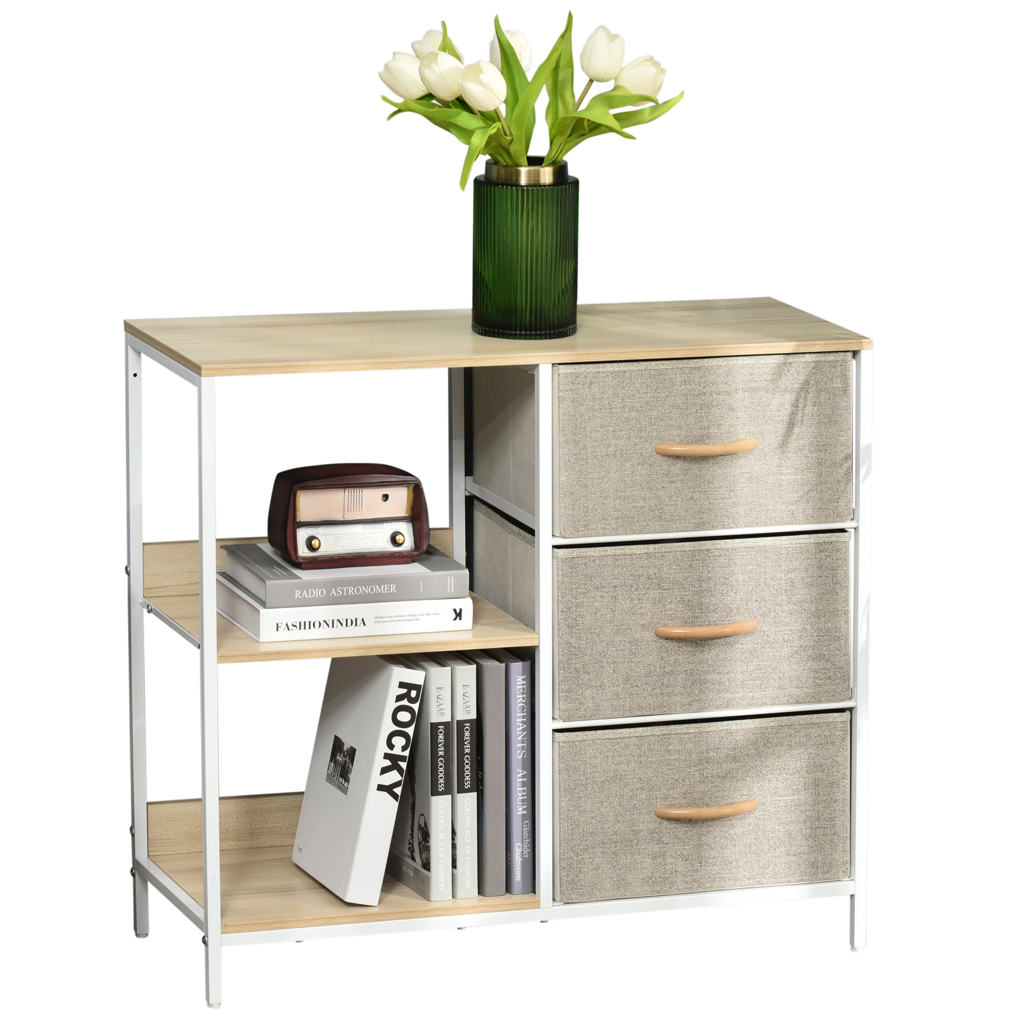 Chest of drawers with 3 removable fabric drawers, 2 shelves, and 1 large tabletop - 80 x 29 x 71 cm - beige