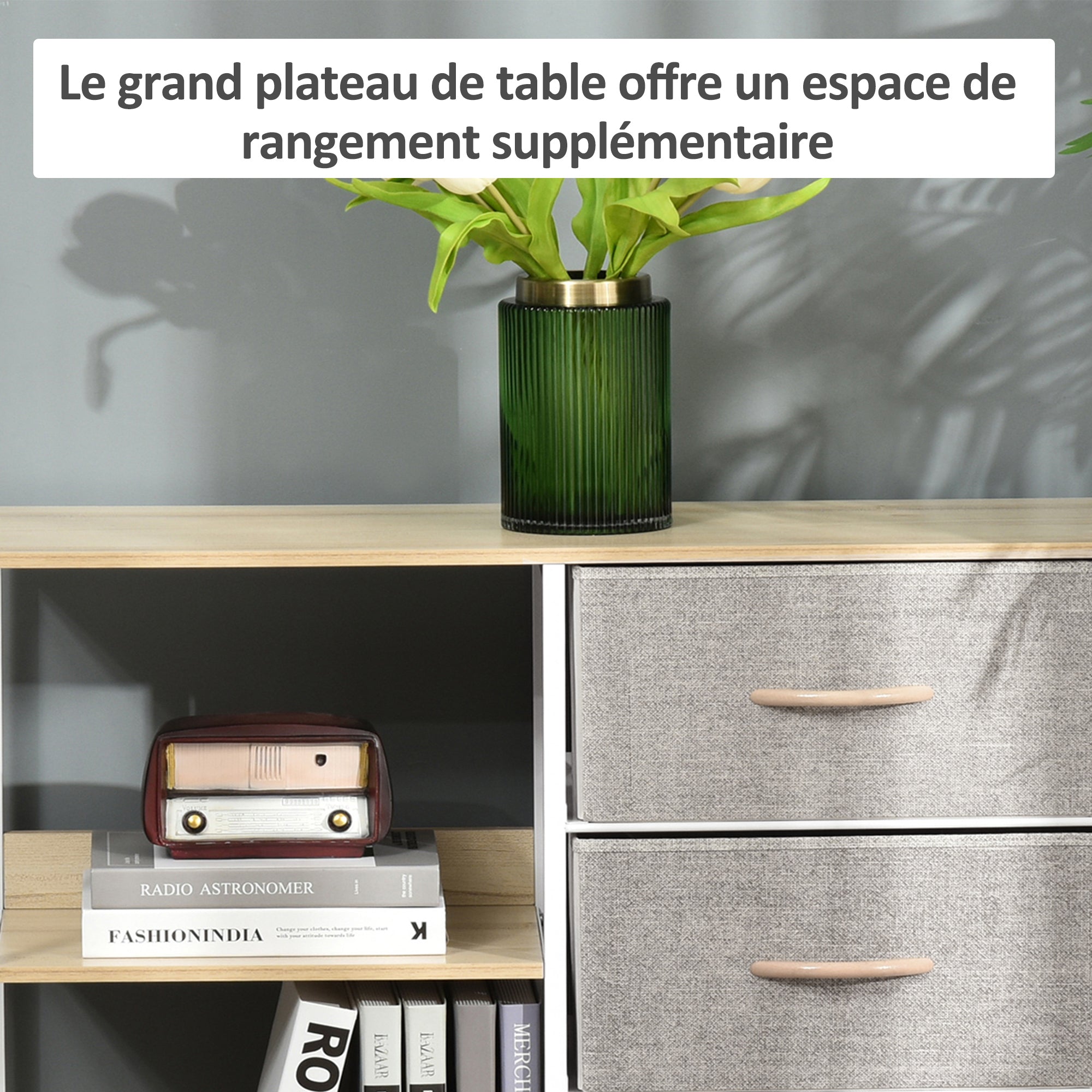 Chest of drawers with 3 removable fabric drawers, 2 shelves, and 1 large tabletop - 80 x 29 x 71 cm - beige