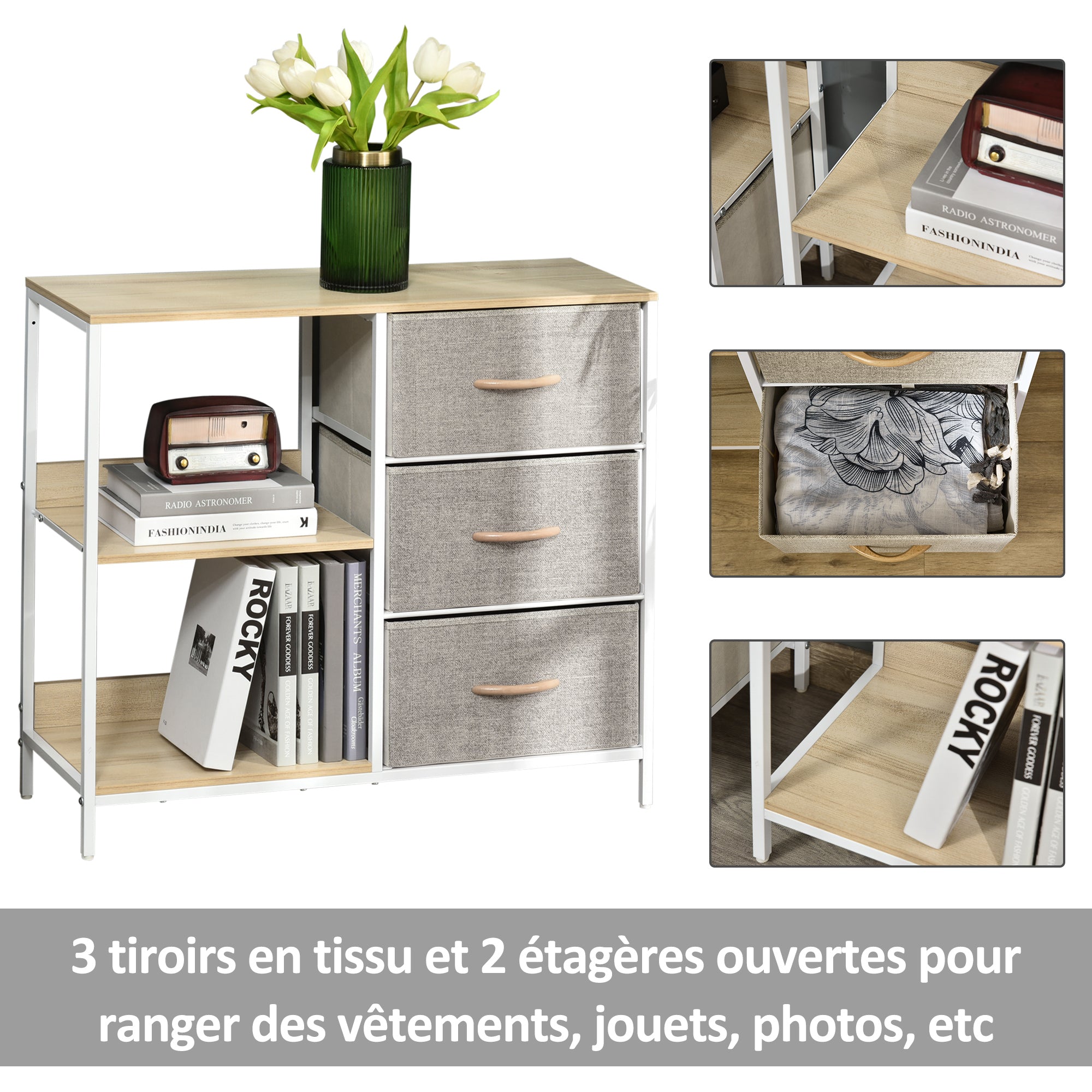 Chest of drawers with 3 removable fabric drawers, 2 shelves, and 1 large tabletop - 80 x 29 x 71 cm - beige