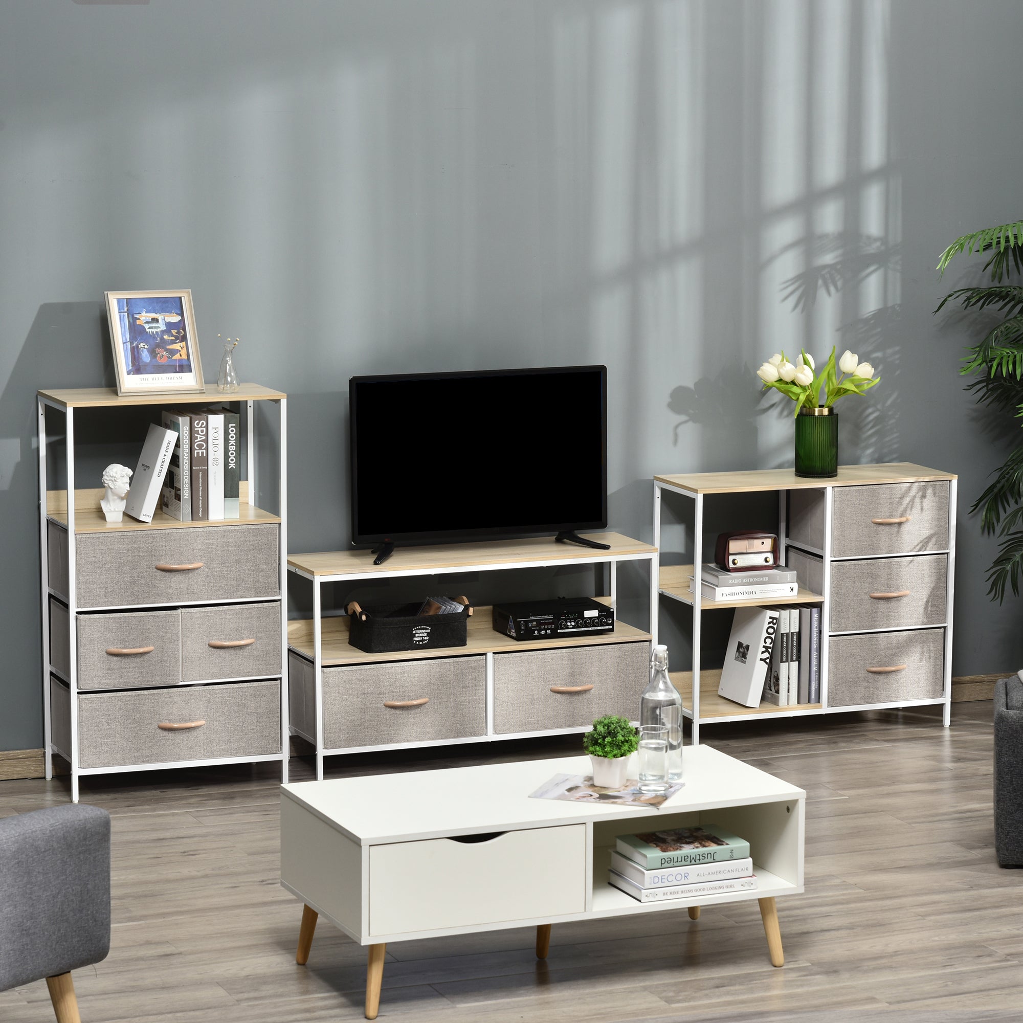 Chest of drawers with 3 removable fabric drawers, 2 shelves, and 1 large tabletop - 80 x 29 x 71 cm - beige