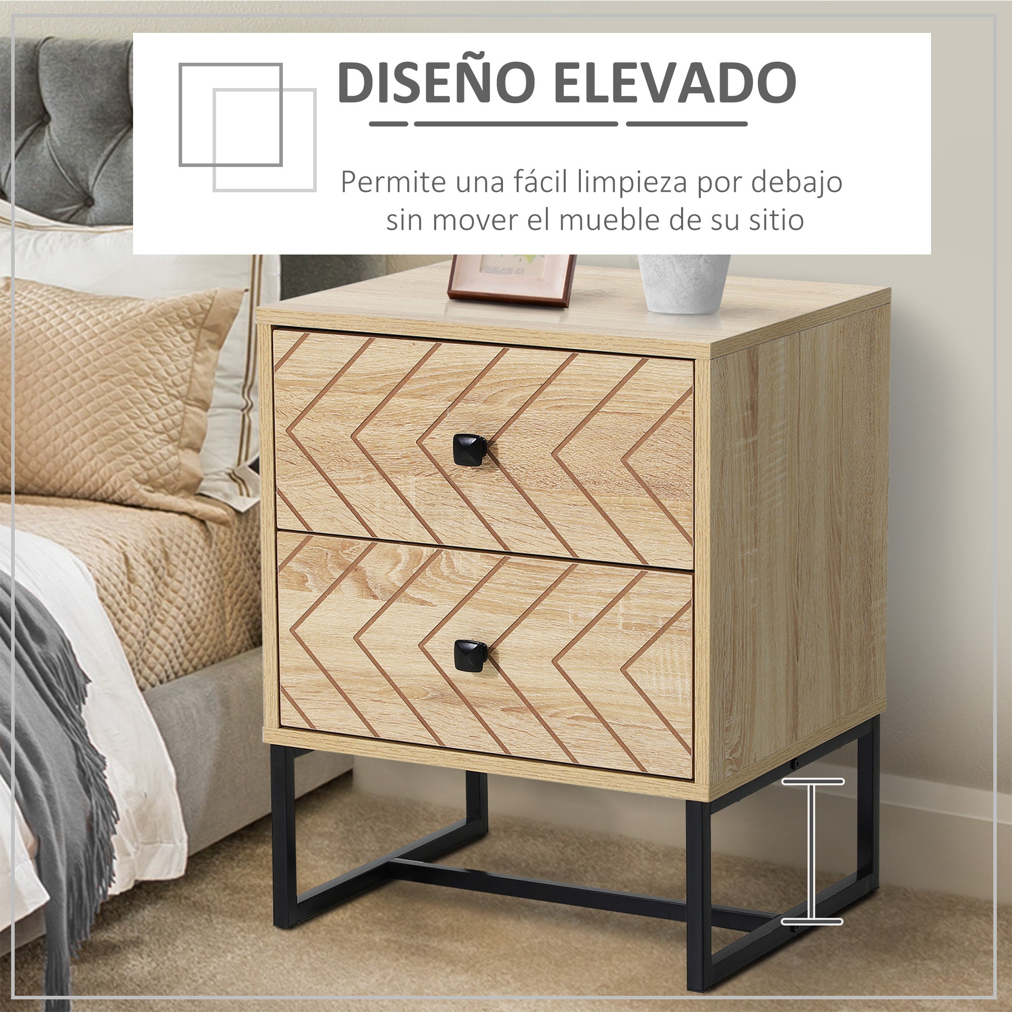 Nightstand Bedside Table with 2 Drawers and Metal Legs Modern Style for Bedroom Living Room Office 48x39.5x60 cm Natural
