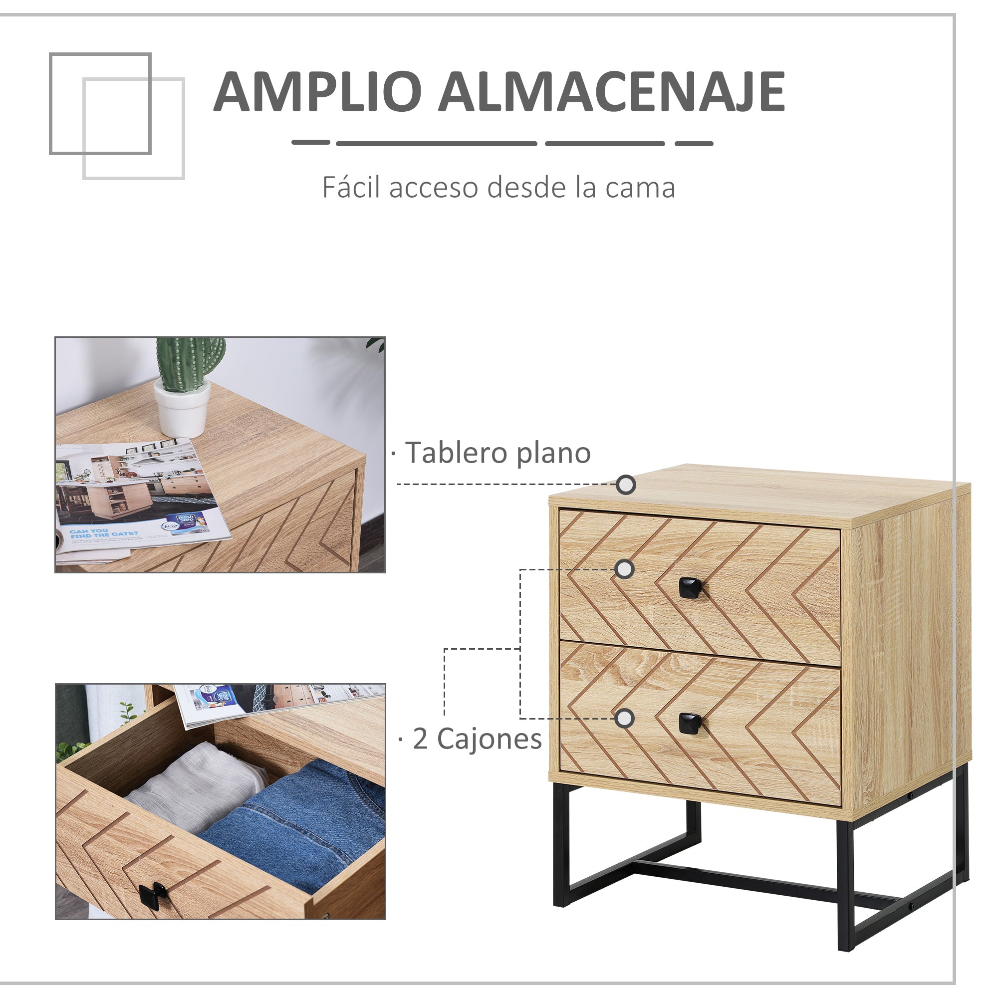 Nightstand Bedside Table with 2 Drawers and Metal Legs Modern Style for Bedroom Living Room Office 48x39.5x60 cm Natural