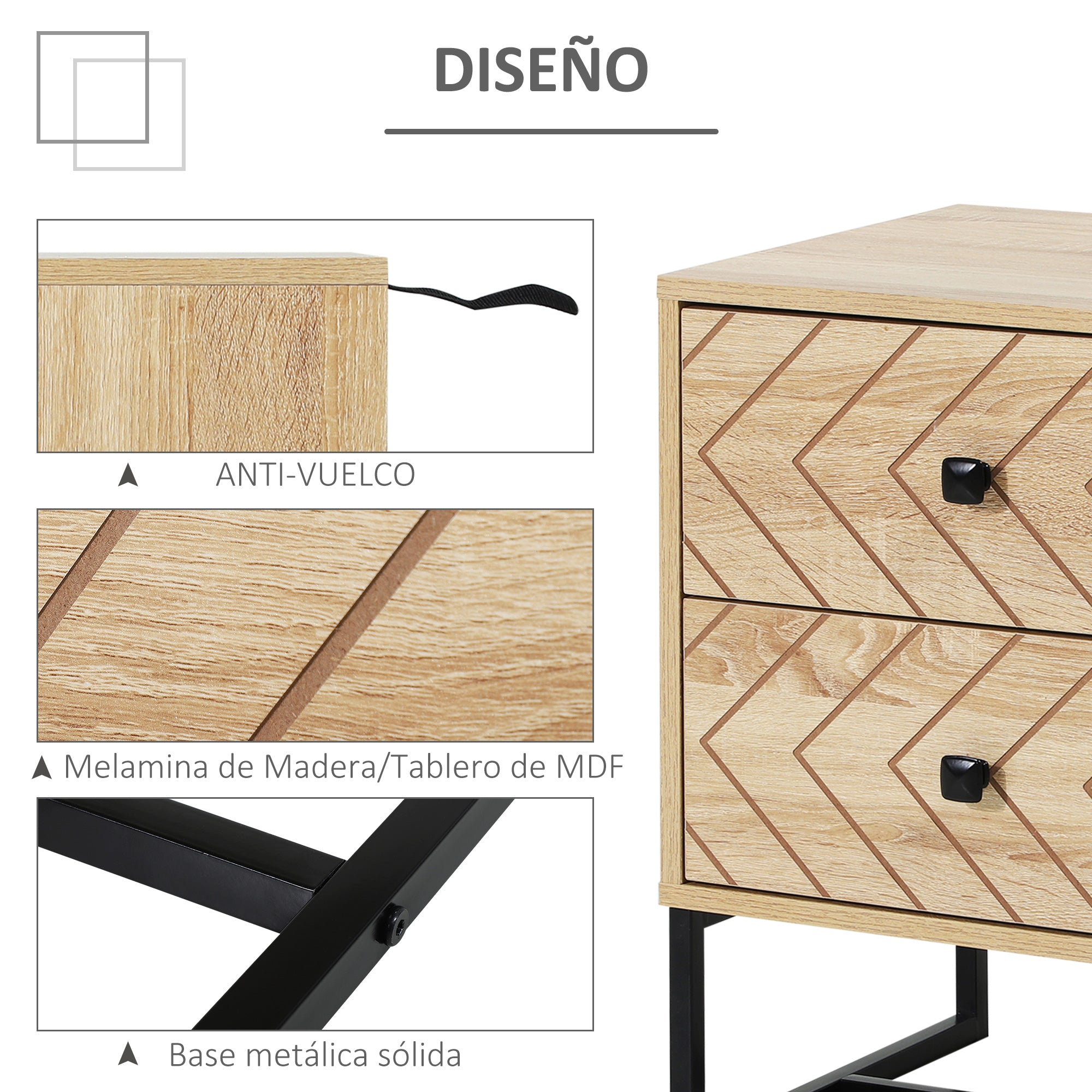 Nightstand Bedside Table with 2 Drawers and Metal Legs Modern Style for Bedroom Living Room Office 48x39.5x60 cm Natural