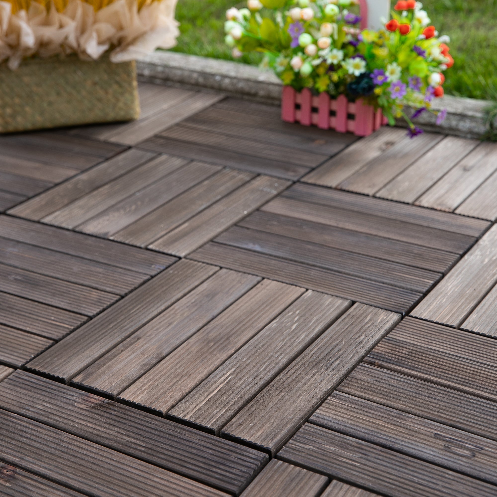 Outdoor Wooden Garden Tiles, Set of 27 Pieces, 2.5m², Interlocking Assembly, 30x30cm, Black