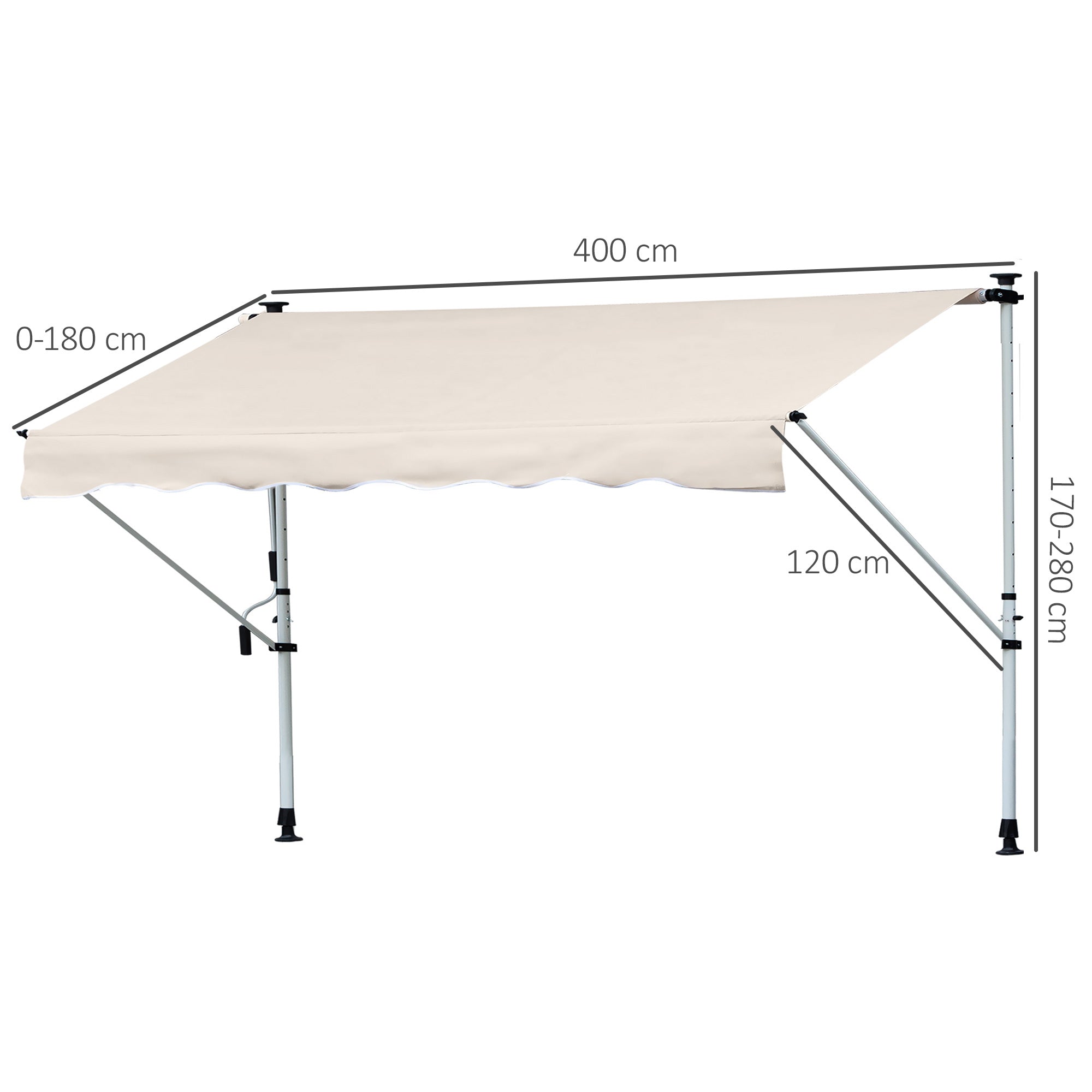 Retractable Manual Awning 4x1.2 m Outdoor Terrace Roll-Up Awning Adjustable Height with Crank 170-280 cm No Drill for Balcony Garden Beige