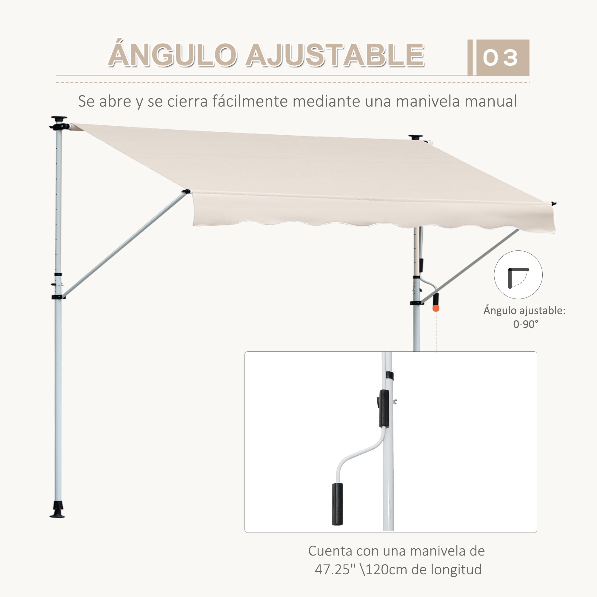 Retractable Manual Awning 4x1.2 m Outdoor Terrace Roll-Up Awning Adjustable Height with Crank 170-280 cm No Drill for Balcony Garden Beige