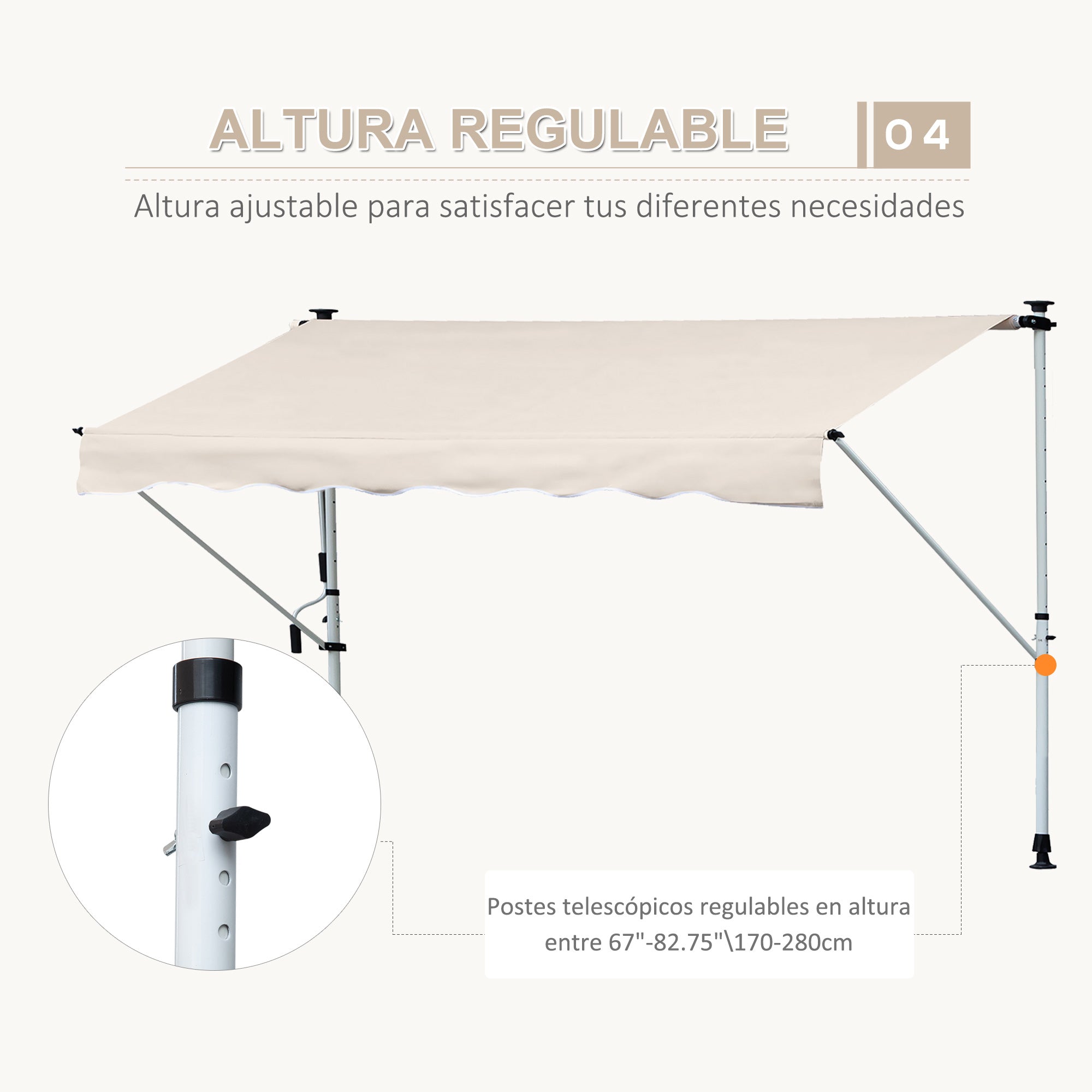 Retractable Manual Awning 4x1.2 m Outdoor Terrace Roll-Up Awning Adjustable Height with Crank 170-280 cm No Drill for Balcony Garden Beige
