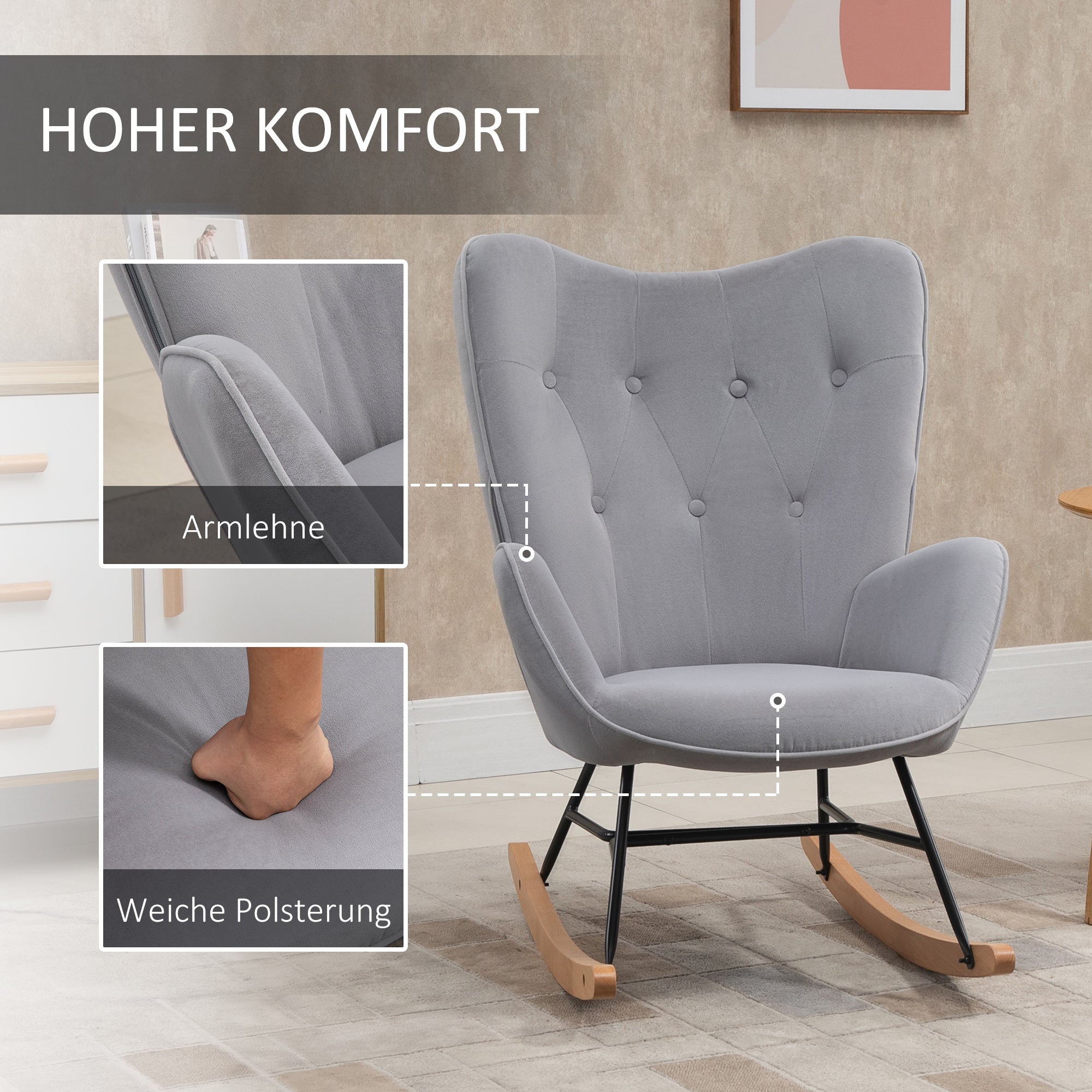 Rocking Chair, Ergonomic Rocking Chair, Armchair, Nursing Chair with Velvet Look, Rocking Chair with a Load Capacity of 150 kg, for Bedroom, Living Room, Light Grey