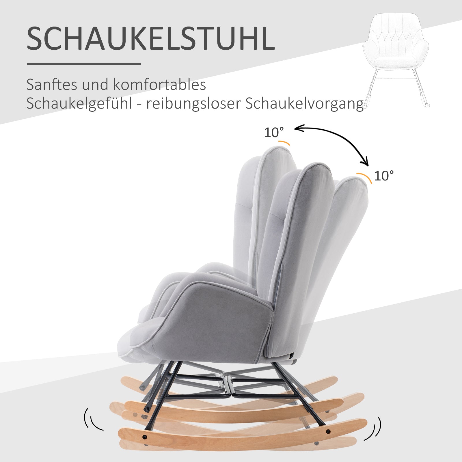 Rocking Chair, Ergonomic Rocking Chair, Armchair, Nursing Chair with Velvet Look, Rocking Chair with a Load Capacity of 150 kg, for Bedroom, Living Room, Light Grey