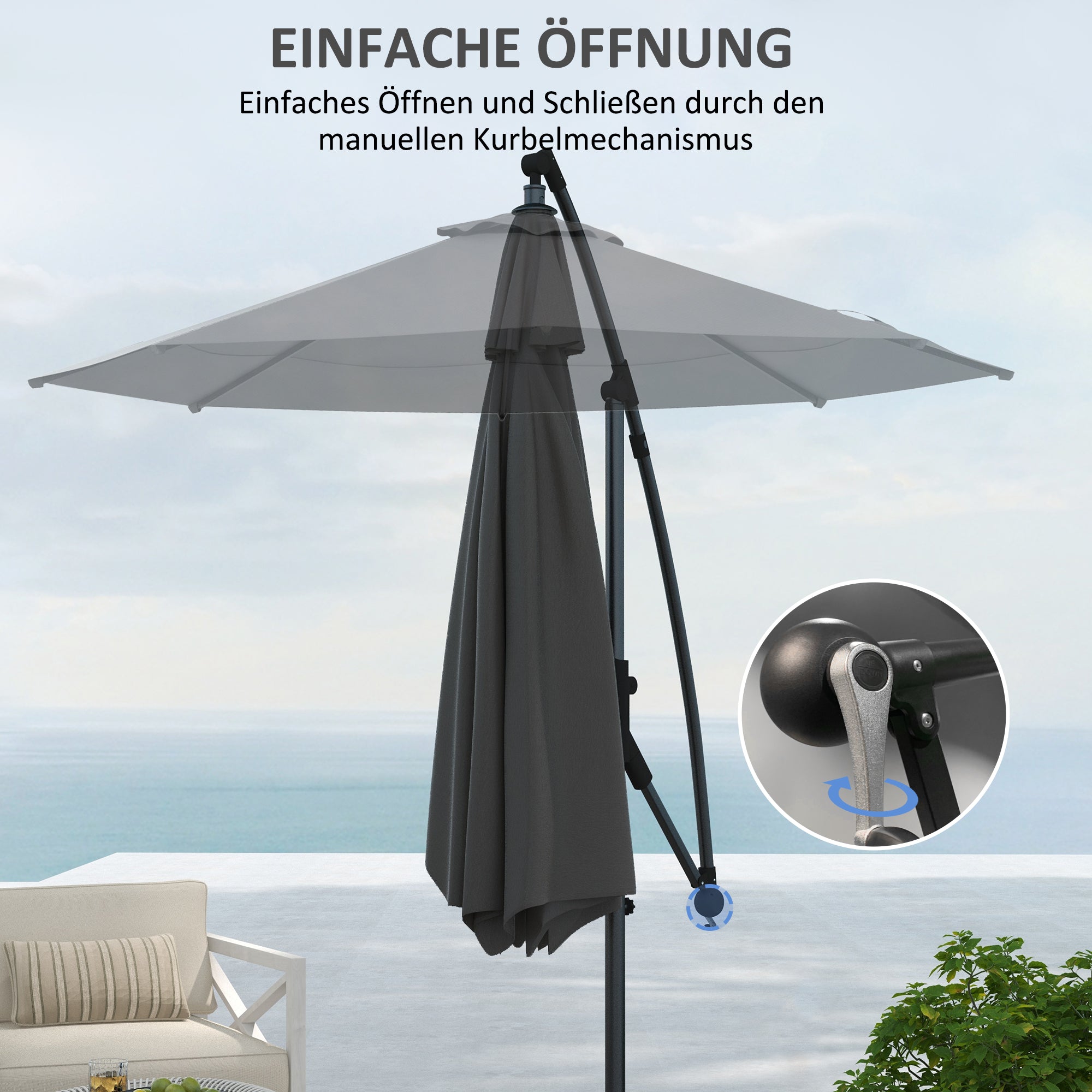 Ø293 cm Cantilever Umbrella with Cross Base, Sun Umbrella with Crank, Tilt, and 8 Ribs, Hanging Patio Umbrella for Outdoor Pool, Garden, Balcony, Gray