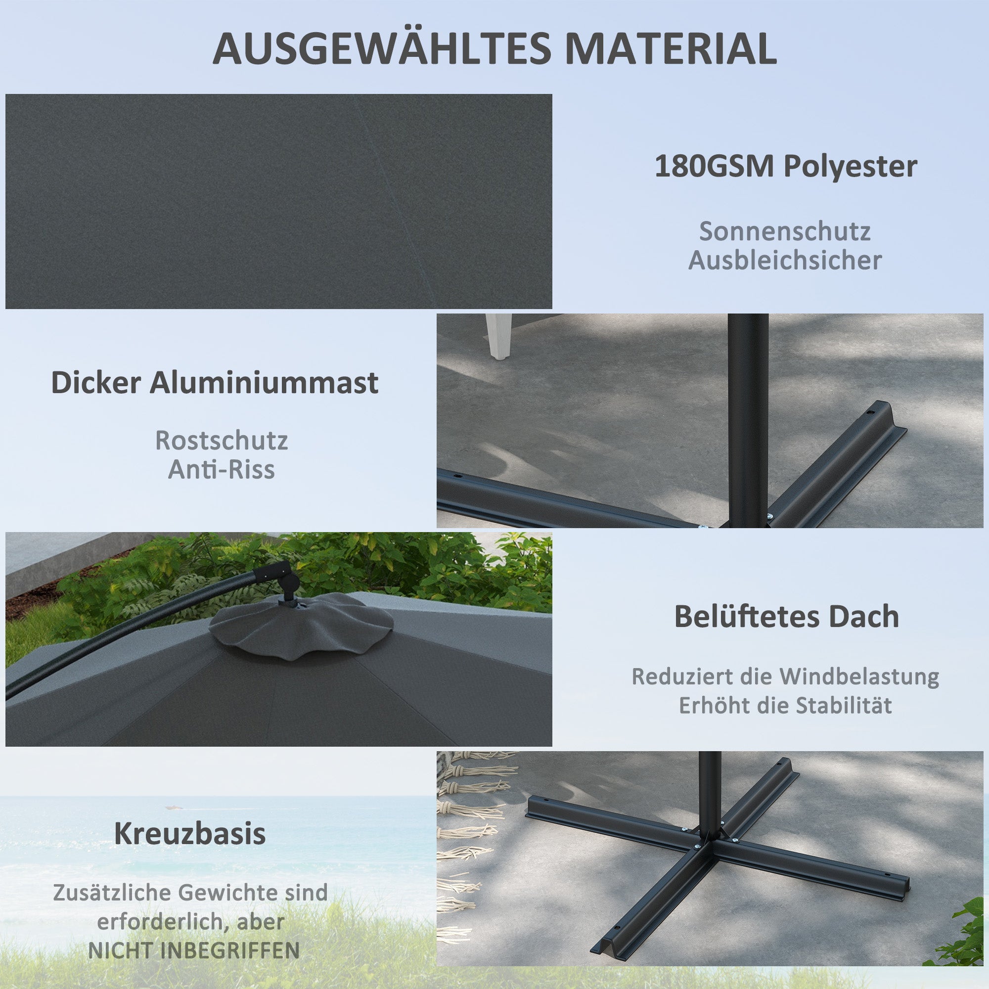 Ø293 cm Cantilever Umbrella with Cross Base, Sun Umbrella with Crank, Tilt, and 8 Ribs, Hanging Patio Umbrella for Outdoor Pool, Garden, Balcony, Gray