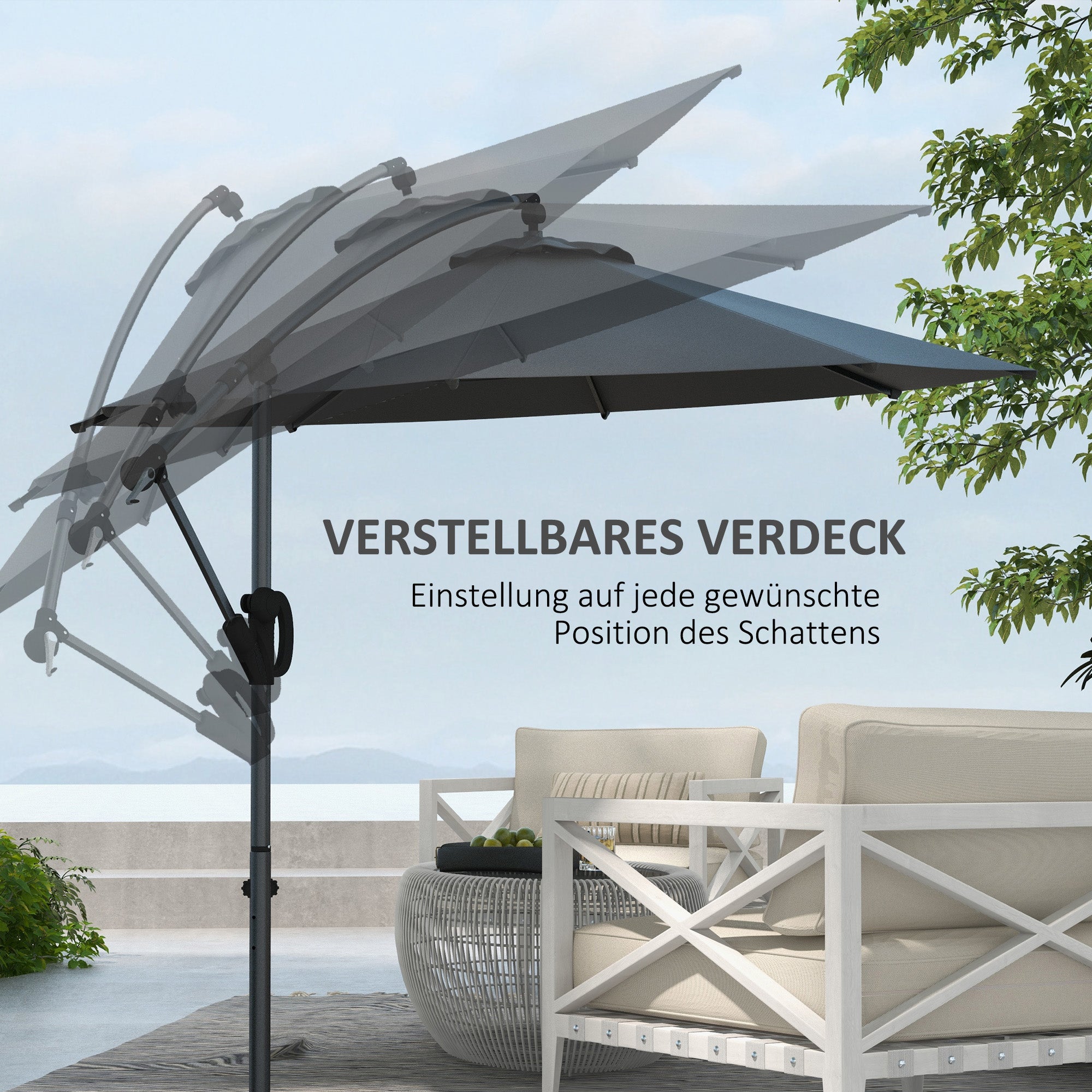 Ø293 cm Cantilever Umbrella with Cross Base, Sun Umbrella with Crank, Tilt, and 8 Ribs, Hanging Patio Umbrella for Outdoor Pool, Garden, Balcony, Gray