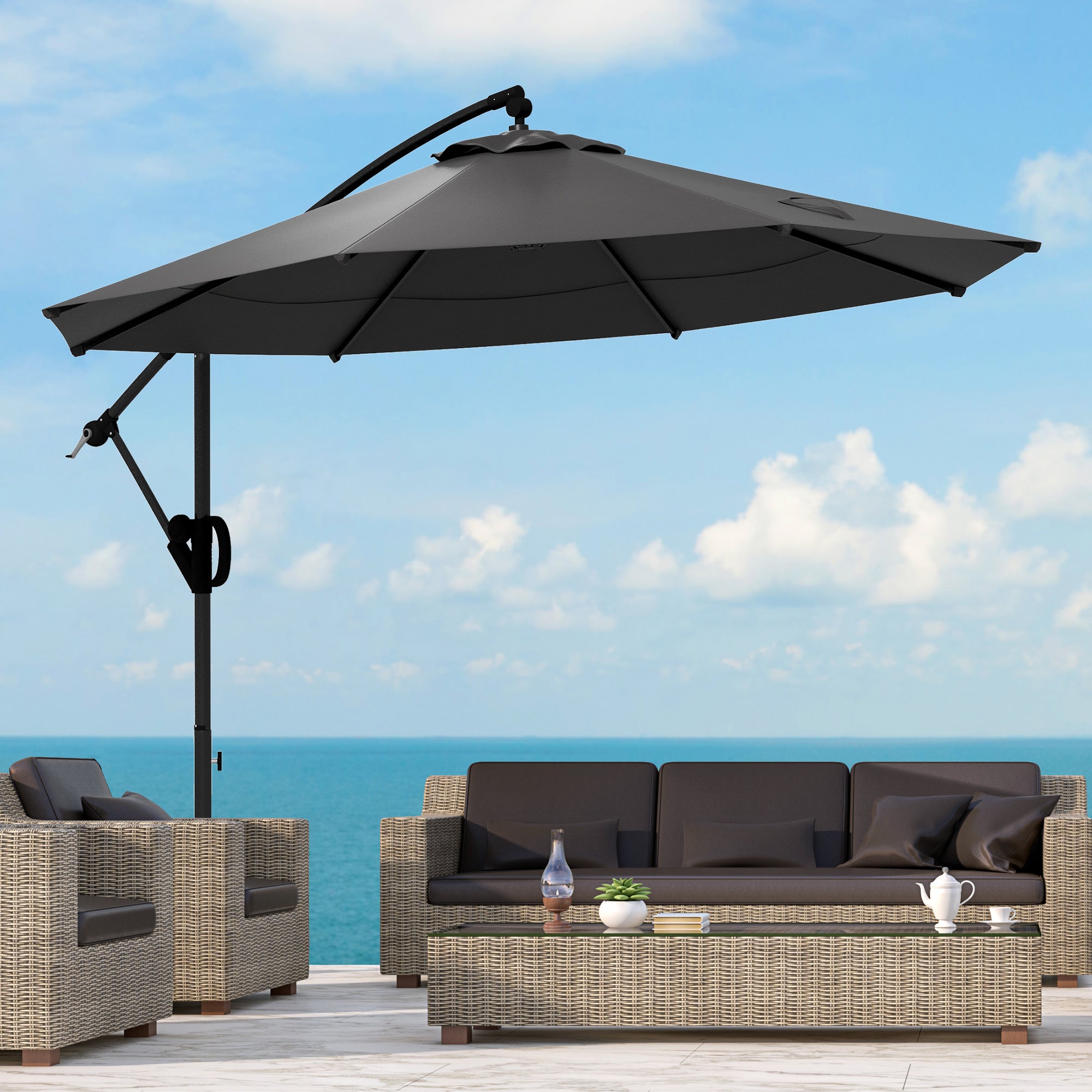 Ø293 cm Cantilever Umbrella with Cross Base, Sun Umbrella with Crank, Tilt, and 8 Ribs, Hanging Patio Umbrella for Outdoor Pool, Garden, Balcony, Gray